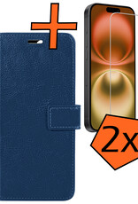 Nomfy Hoesje Geschikt voor iPhone 16 Hoes Bookcase Flipcase Book Cover Met 2x Screenprotector - Hoes Geschikt voor iPhone 16 Hoesje Book Case - Donkerblauw