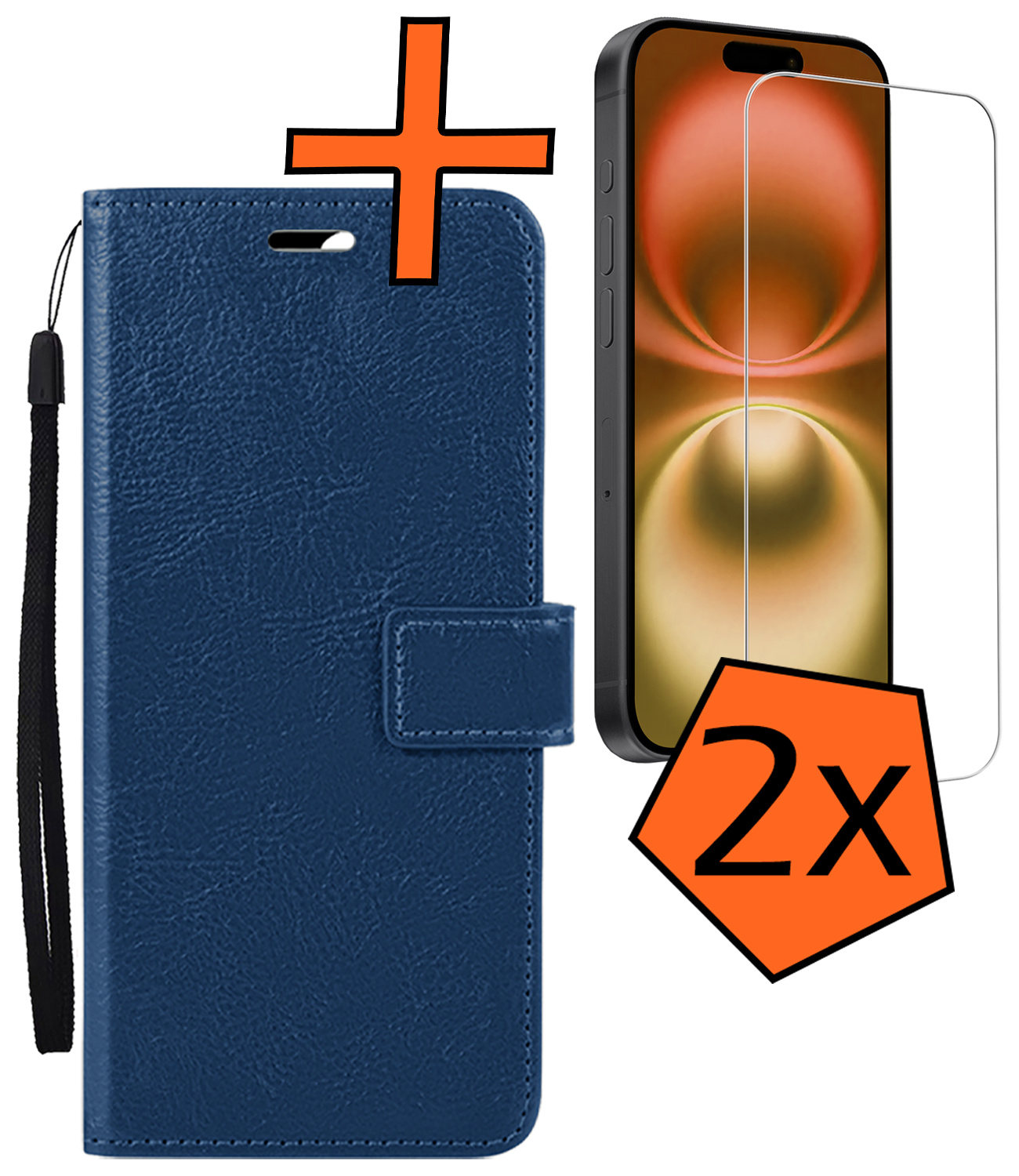 Nomfy Hoesje Geschikt voor iPhone 16 Hoes Bookcase Flipcase Book Cover Met 2x Screenprotector - Hoes Geschikt voor iPhone 16 Hoesje Book Case - Donkerblauw