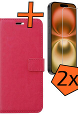 Nomfy Hoesje Geschikt voor iPhone 16 Hoes Bookcase Flipcase Book Cover Met 2x Screenprotector - Hoes Geschikt voor iPhone 16 Hoesje Book Case - Donkerroze