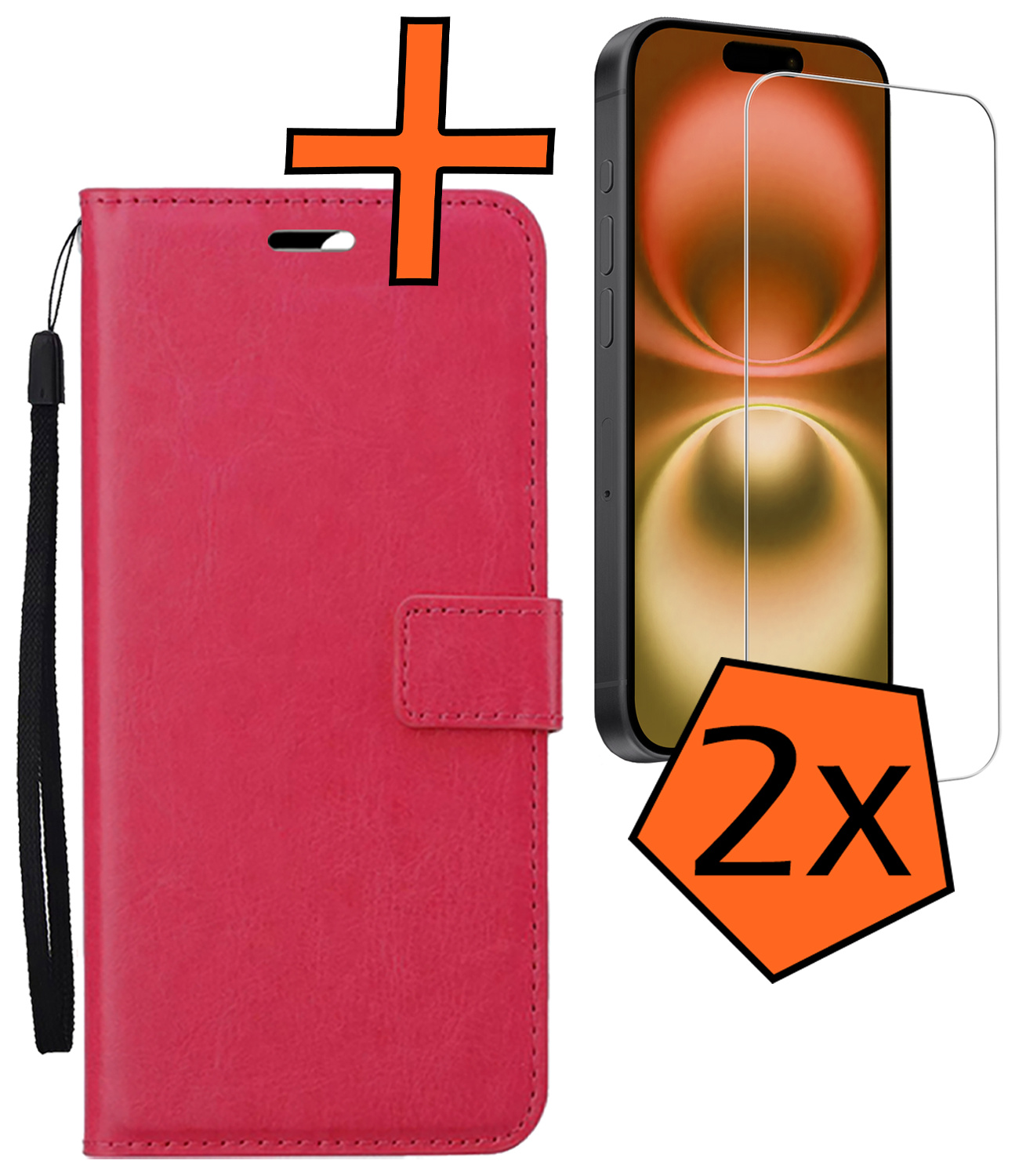 Nomfy Hoesje Geschikt voor iPhone 16 Hoes Bookcase Flipcase Book Cover Met 2x Screenprotector - Hoes Geschikt voor iPhone 16 Hoesje Book Case - Donkerroze