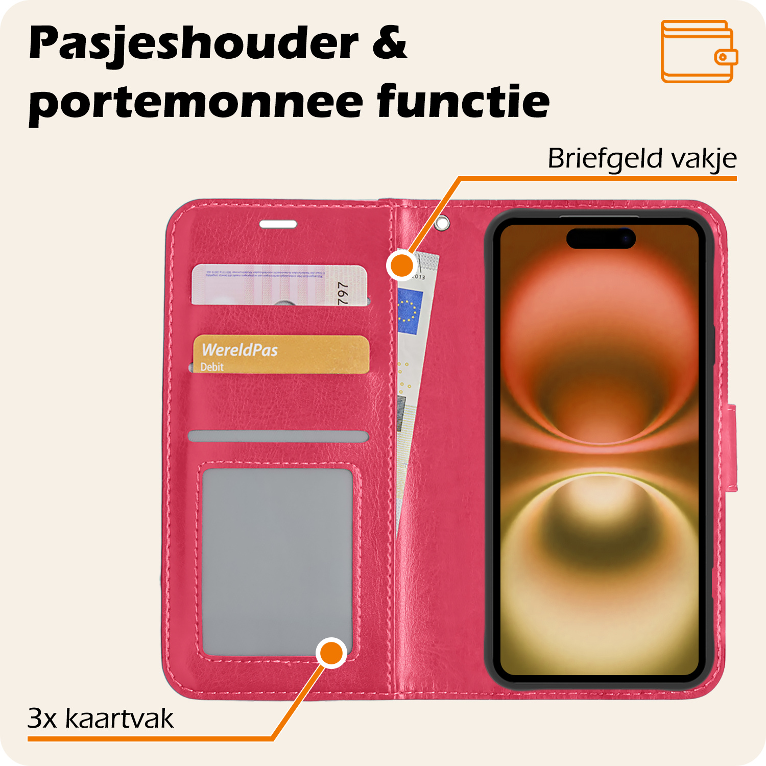 Nomfy Hoesje Geschikt voor iPhone 16 Hoes Bookcase Flipcase Book Cover Met 2x Screenprotector - Hoes Geschikt voor iPhone 16 Hoesje Book Case - Donkerroze