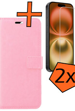 Nomfy Hoesje Geschikt voor iPhone 16 Hoes Bookcase Flipcase Book Cover Met 2x Screenprotector - Hoes Geschikt voor iPhone 16 Hoesje Book Case - Lichtroze
