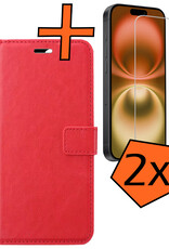 Nomfy Hoesje Geschikt voor iPhone 16 Hoes Bookcase Flipcase Book Cover Met 2x Screenprotector - Hoes Geschikt voor iPhone 16 Hoesje Book Case - Rood