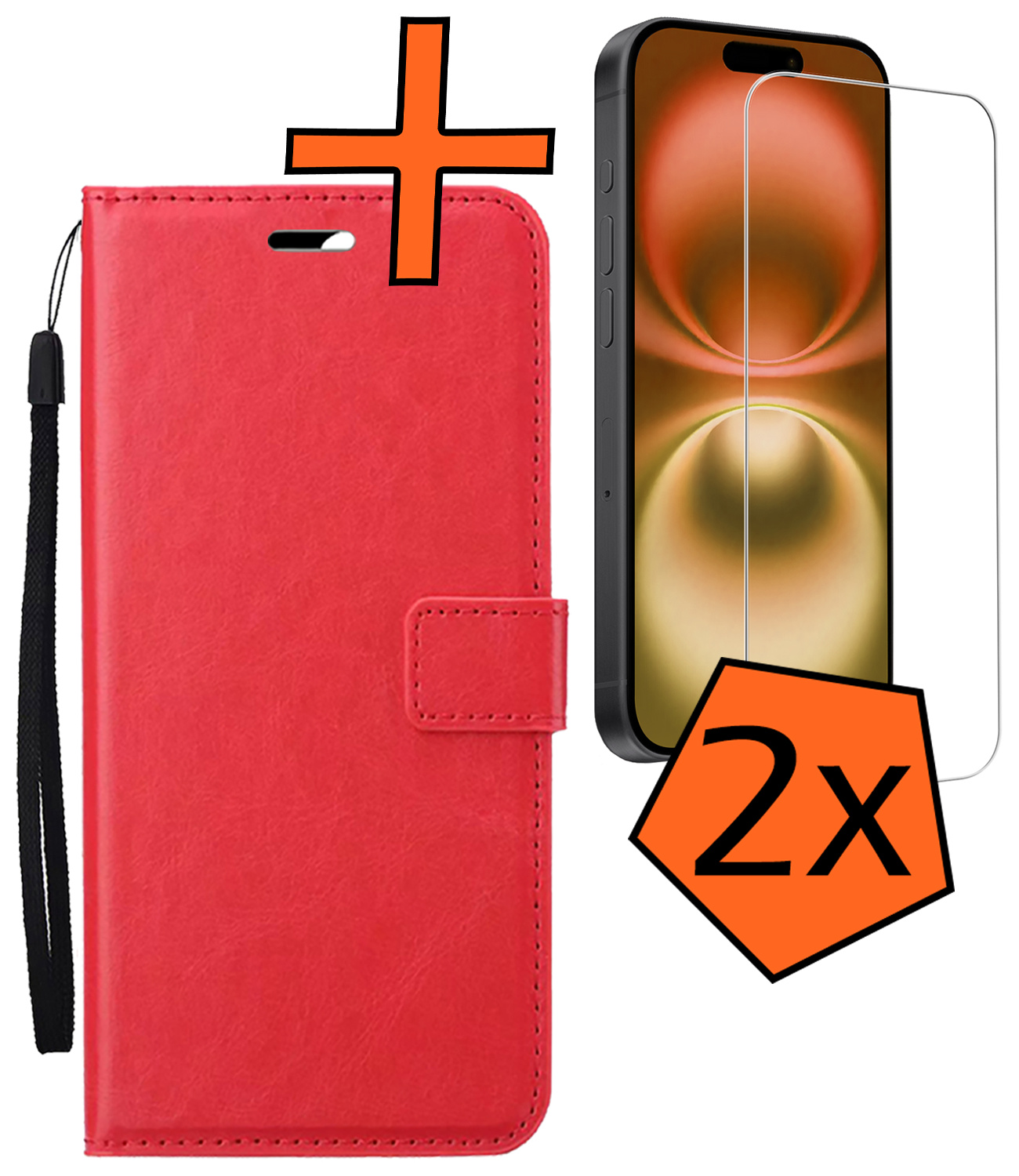 Nomfy Hoesje Geschikt voor iPhone 16 Hoes Bookcase Flipcase Book Cover Met 2x Screenprotector - Hoes Geschikt voor iPhone 16 Hoesje Book Case - Rood