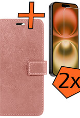 Nomfy Hoesje Geschikt voor iPhone 16 Hoes Bookcase Flipcase Book Cover Met 2x Screenprotector - Hoes Geschikt voor iPhone 16 Hoesje Book Case - Rosé goud