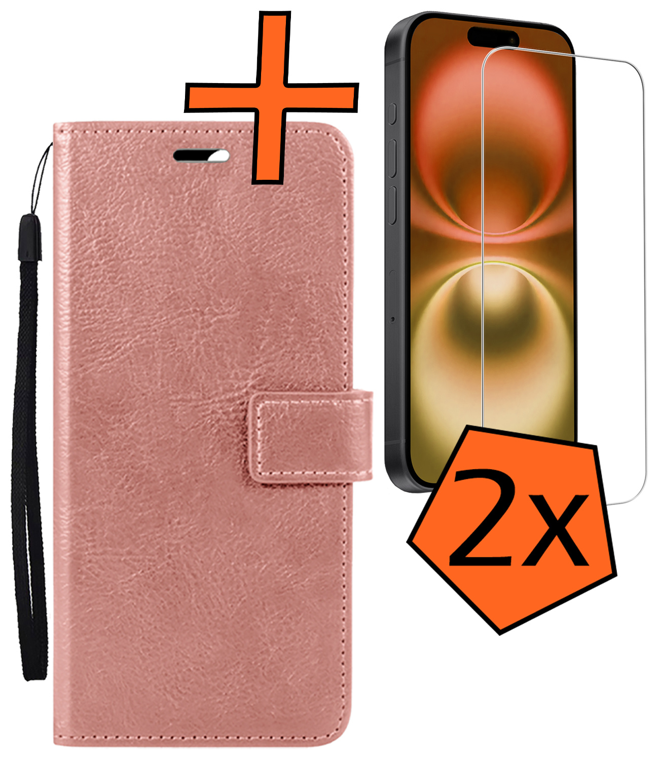 Nomfy Hoesje Geschikt voor iPhone 16 Hoes Bookcase Flipcase Book Cover Met 2x Screenprotector - Hoes Geschikt voor iPhone 16 Hoesje Book Case - Rosé goud