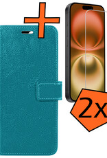 Nomfy Hoesje Geschikt voor iPhone 16 Hoes Bookcase Flipcase Book Cover Met 2x Screenprotector - Hoes Geschikt voor iPhone 16 Hoesje Book Case - Turquoise