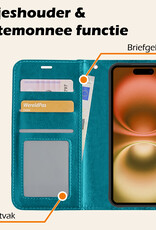Nomfy Hoesje Geschikt voor iPhone 16 Hoes Bookcase Flipcase Book Cover Met 2x Screenprotector - Hoes Geschikt voor iPhone 16 Hoesje Book Case - Turquoise