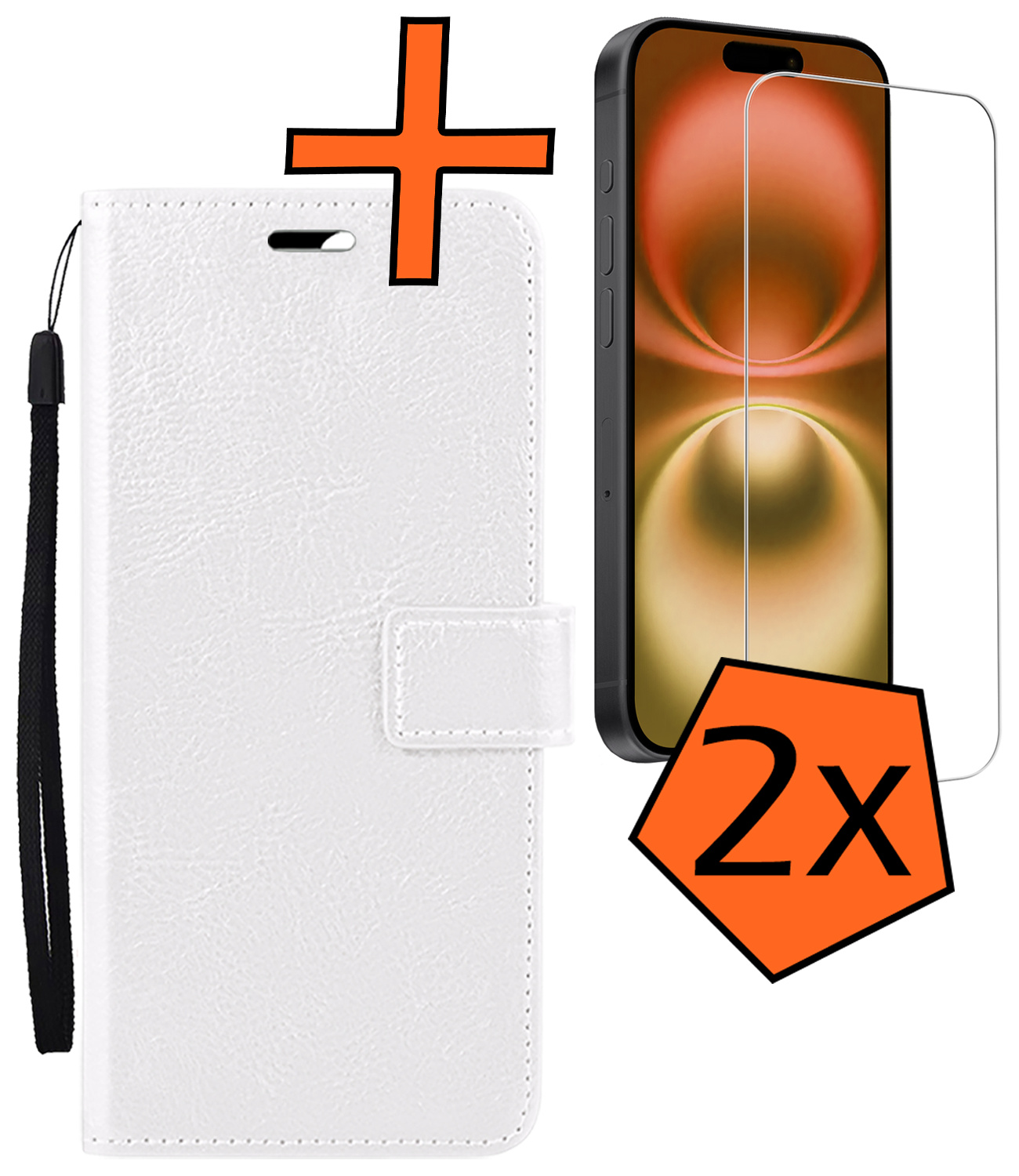 Nomfy Hoesje Geschikt voor iPhone 16 Hoes Bookcase Flipcase Book Cover Met 2x Screenprotector - Hoes Geschikt voor iPhone 16 Hoesje Book Case - Wit