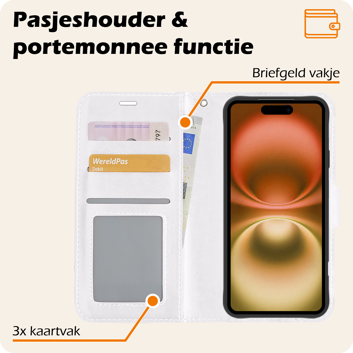 Nomfy Hoesje Geschikt voor iPhone 16 Hoes Bookcase Flipcase Book Cover Met 2x Screenprotector - Hoes Geschikt voor iPhone 16 Hoesje Book Case - Wit