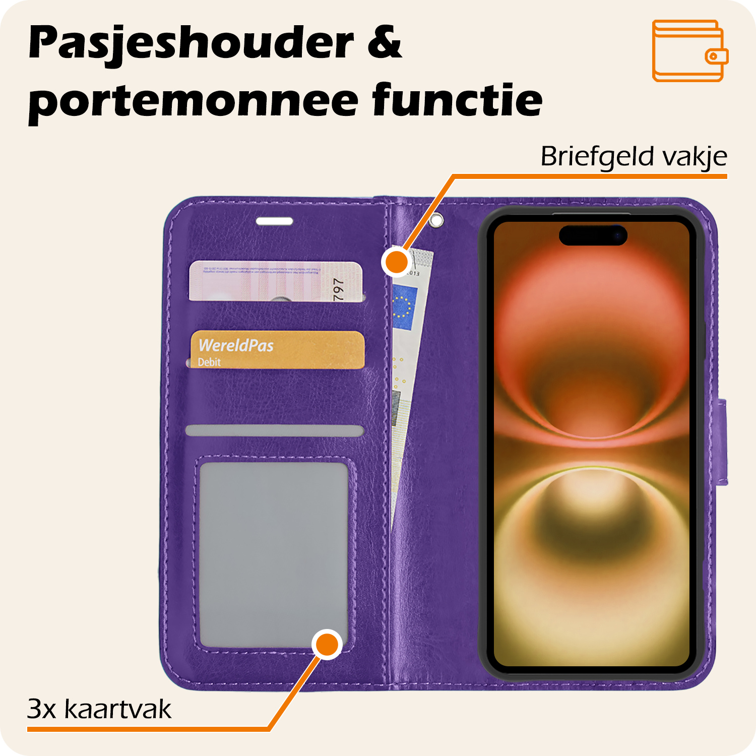 Nomfy Hoesje Geschikt voor iPhone 16 Plus Hoes Bookcase Flipcase Book Cover - Hoes Geschikt voor iPhone 16 Plus Hoesje Book Case - Paars