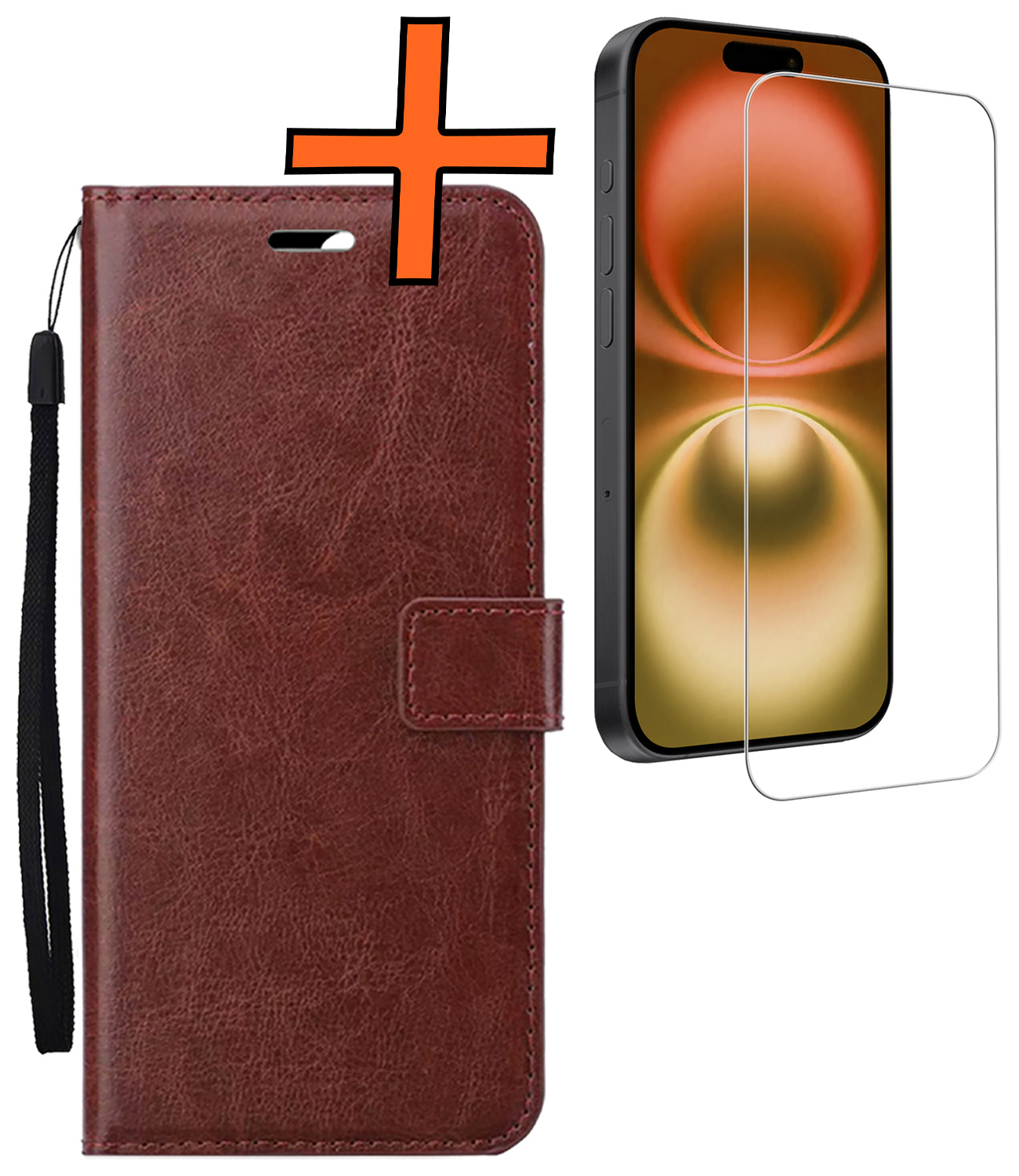 Nomfy Hoesje Geschikt voor iPhone 16 Plus Hoes Bookcase Flipcase Book Cover Met Screenprotector - Hoes Geschikt voor iPhone 16 Plus Hoesje Book Case - Bruin
