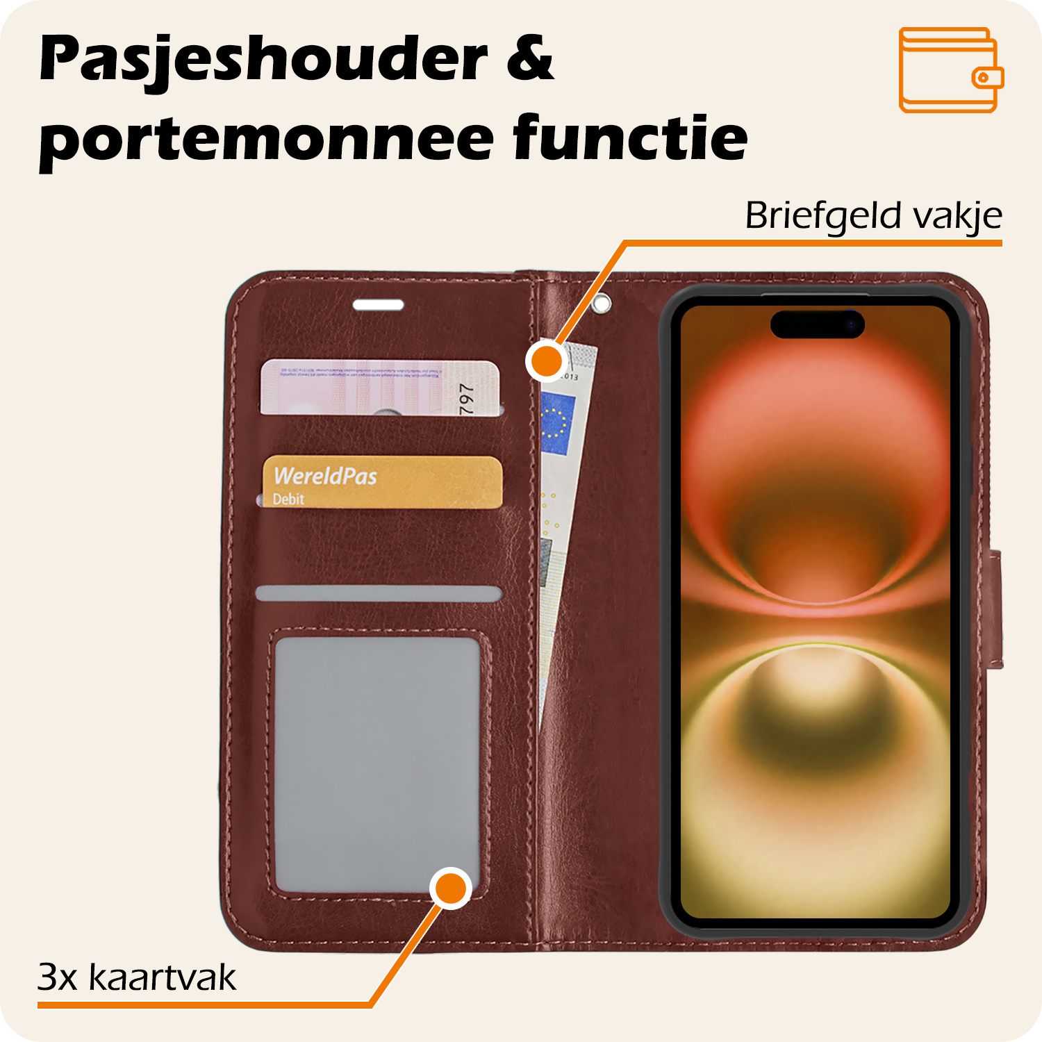 Nomfy Hoesje Geschikt voor iPhone 16 Plus Hoes Bookcase Flipcase Book Cover Met Screenprotector - Hoes Geschikt voor iPhone 16 Plus Hoesje Book Case - Bruin