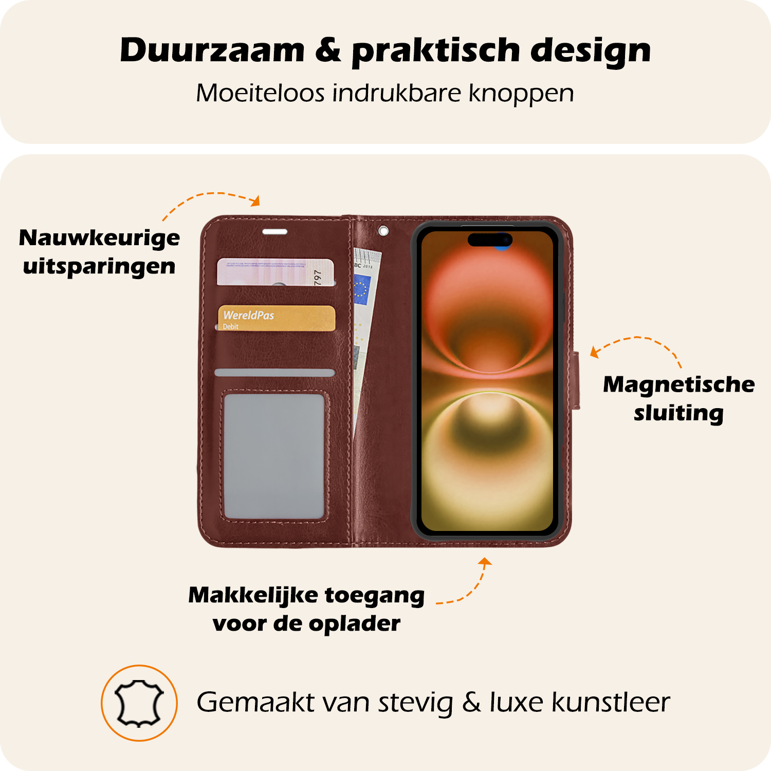 Nomfy Hoesje Geschikt voor iPhone 16 Plus Hoes Bookcase Flipcase Book Cover Met Screenprotector - Hoes Geschikt voor iPhone 16 Plus Hoesje Book Case - Bruin