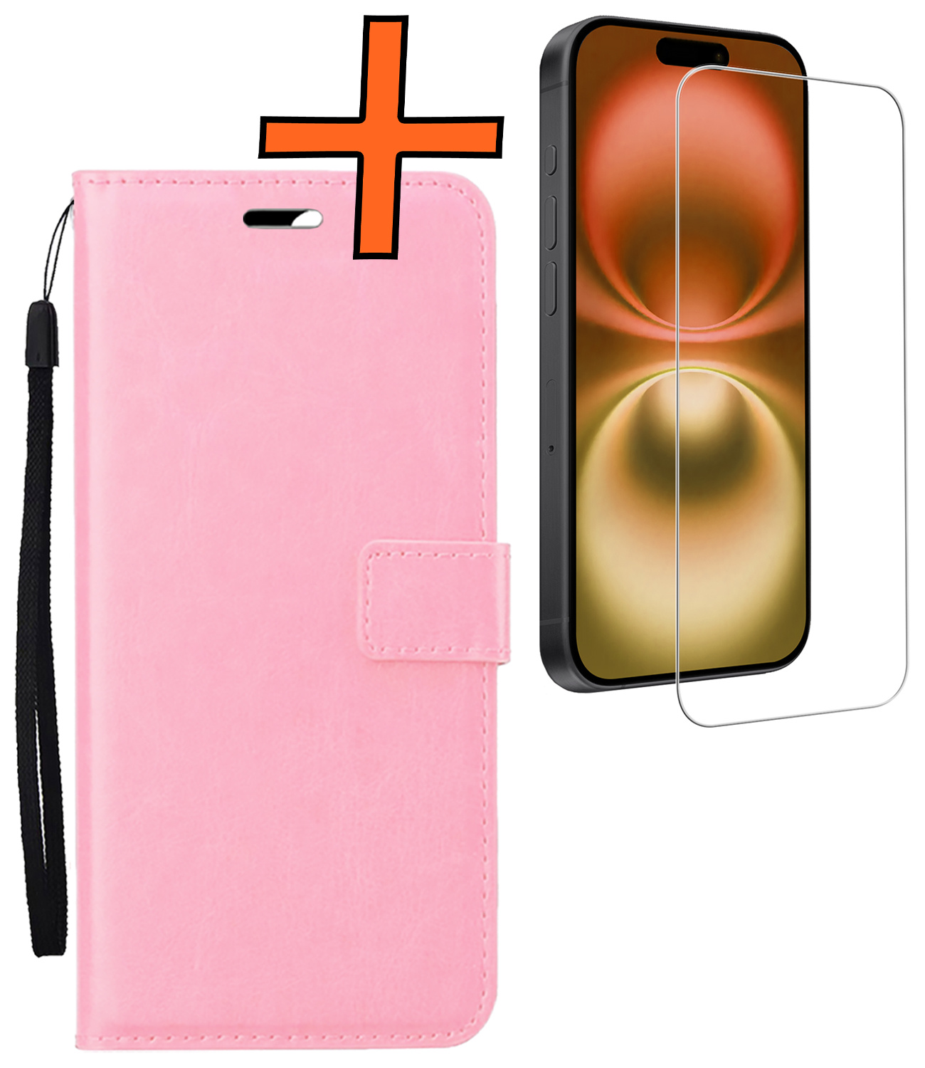 Nomfy Hoesje Geschikt voor iPhone 16 Plus Hoes Bookcase Flipcase Book Cover Met Screenprotector - Hoes Geschikt voor iPhone 16 Plus Hoesje Book Case - Lichtroze