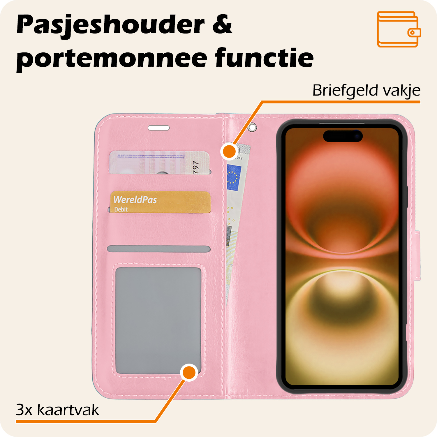 Nomfy Hoesje Geschikt voor iPhone 16 Plus Hoes Bookcase Flipcase Book Cover Met Screenprotector - Hoes Geschikt voor iPhone 16 Plus Hoesje Book Case - Lichtroze