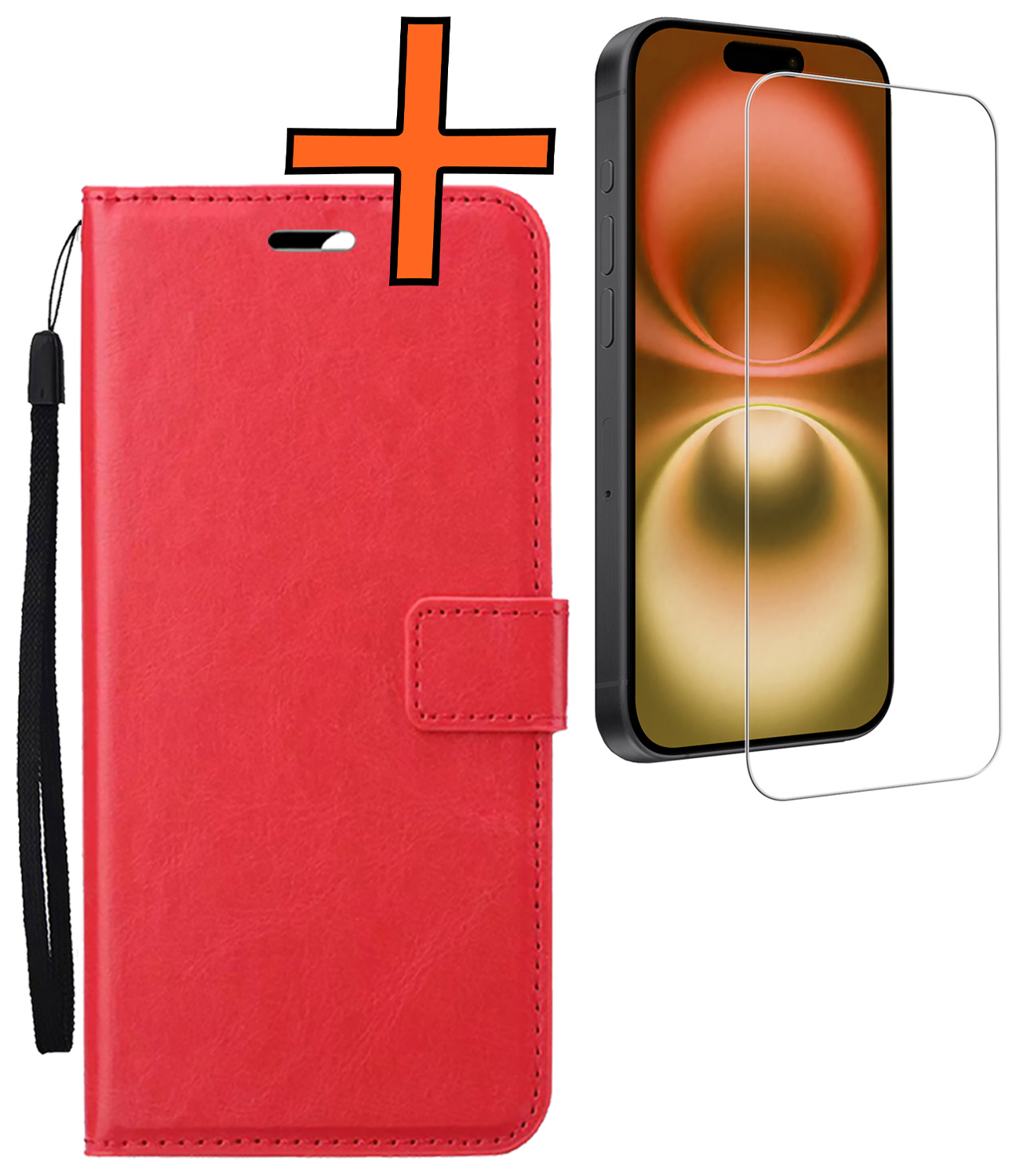Nomfy Hoesje Geschikt voor iPhone 16 Plus Hoes Bookcase Flipcase Book Cover Met Screenprotector - Hoes Geschikt voor iPhone 16 Plus Hoesje Book Case - Rood