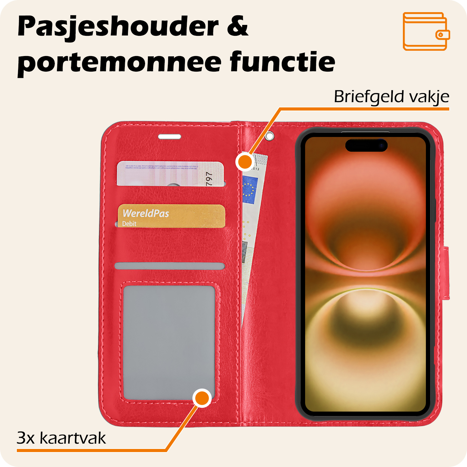 Nomfy Hoesje Geschikt voor iPhone 16 Plus Hoes Bookcase Flipcase Book Cover Met Screenprotector - Hoes Geschikt voor iPhone 16 Plus Hoesje Book Case - Rood