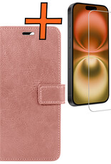 Nomfy Hoesje Geschikt voor iPhone 16 Plus Hoes Bookcase Flipcase Book Cover Met Screenprotector - Hoes Geschikt voor iPhone 16 Plus Hoesje Book Case - Rosé goud