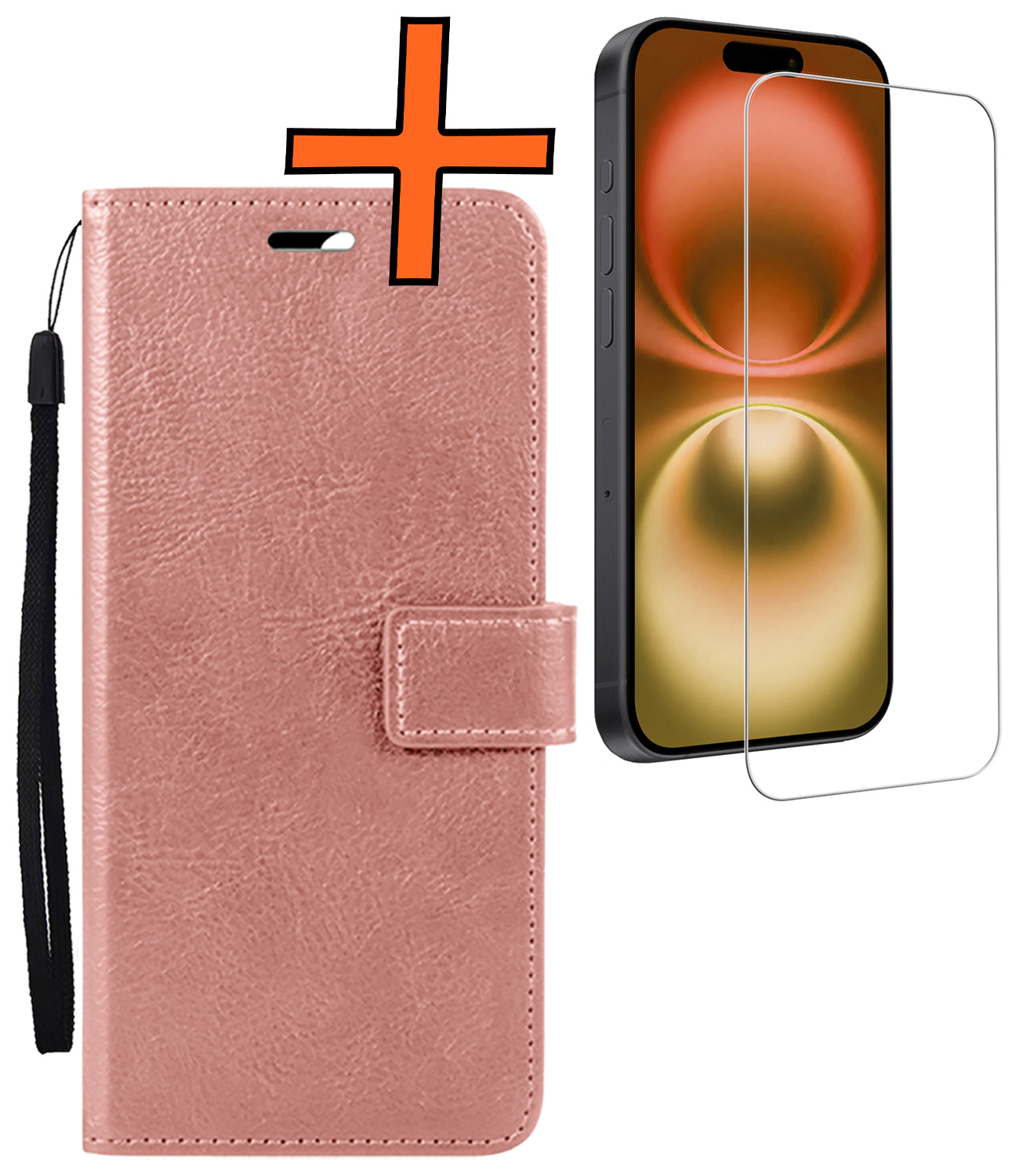 Nomfy Hoesje Geschikt voor iPhone 16 Plus Hoes Bookcase Flipcase Book Cover Met Screenprotector - Hoes Geschikt voor iPhone 16 Plus Hoesje Book Case - Rosé goud