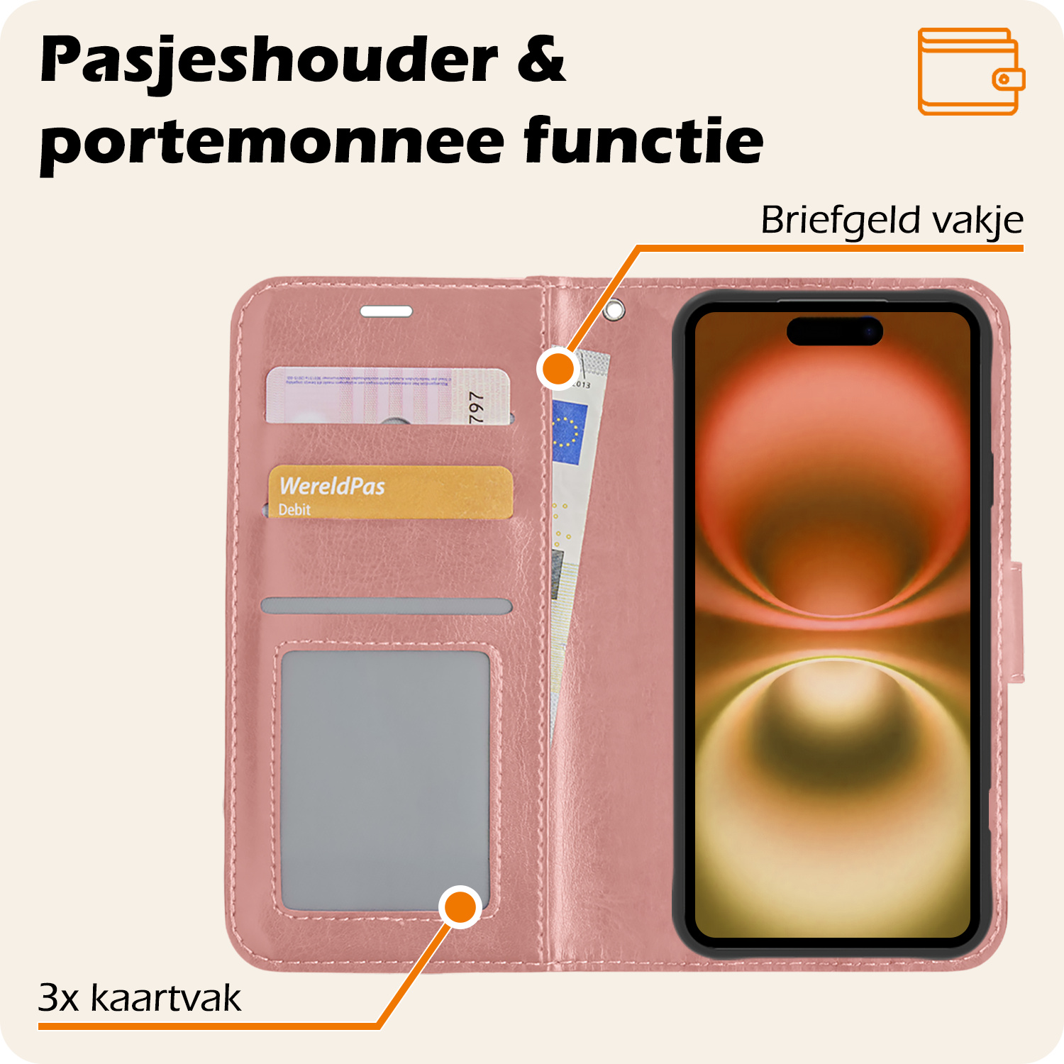 Nomfy Hoesje Geschikt voor iPhone 16 Plus Hoes Bookcase Flipcase Book Cover Met Screenprotector - Hoes Geschikt voor iPhone 16 Plus Hoesje Book Case - Rosé goud