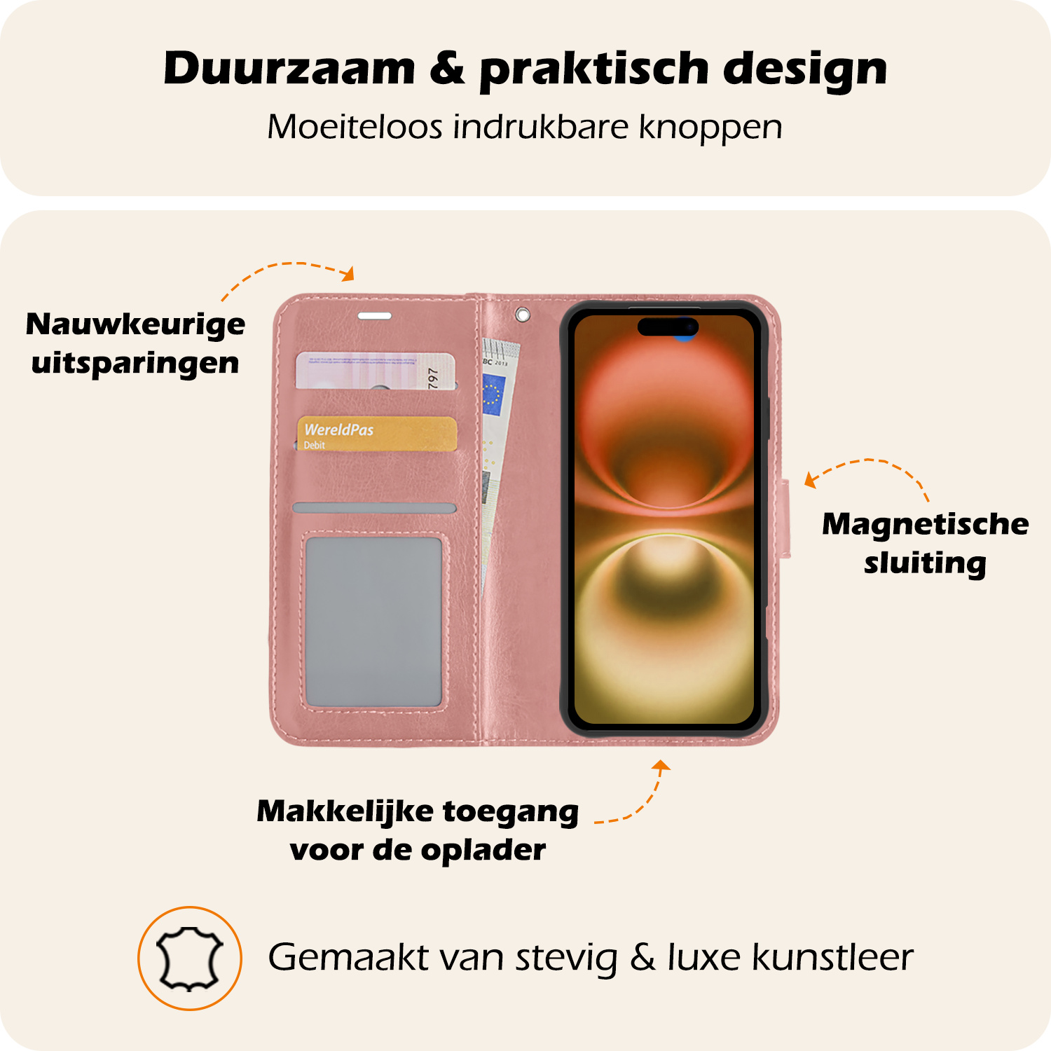 Nomfy Hoesje Geschikt voor iPhone 16 Plus Hoes Bookcase Flipcase Book Cover Met Screenprotector - Hoes Geschikt voor iPhone 16 Plus Hoesje Book Case - Rosé goud