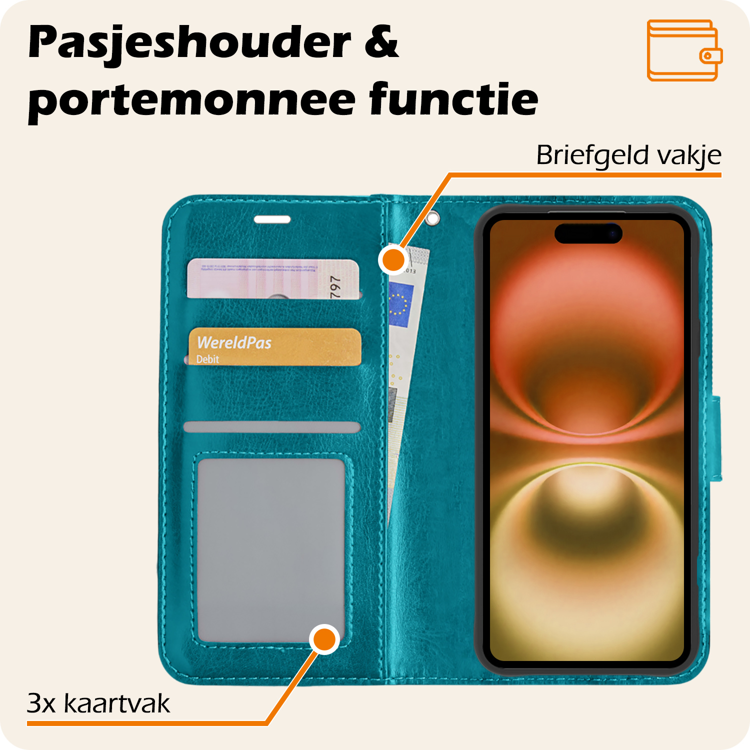 Nomfy Hoesje Geschikt voor iPhone 16 Plus Hoes Bookcase Flipcase Book Cover Met Screenprotector - Hoes Geschikt voor iPhone 16 Plus Hoesje Book Case - Turquoise