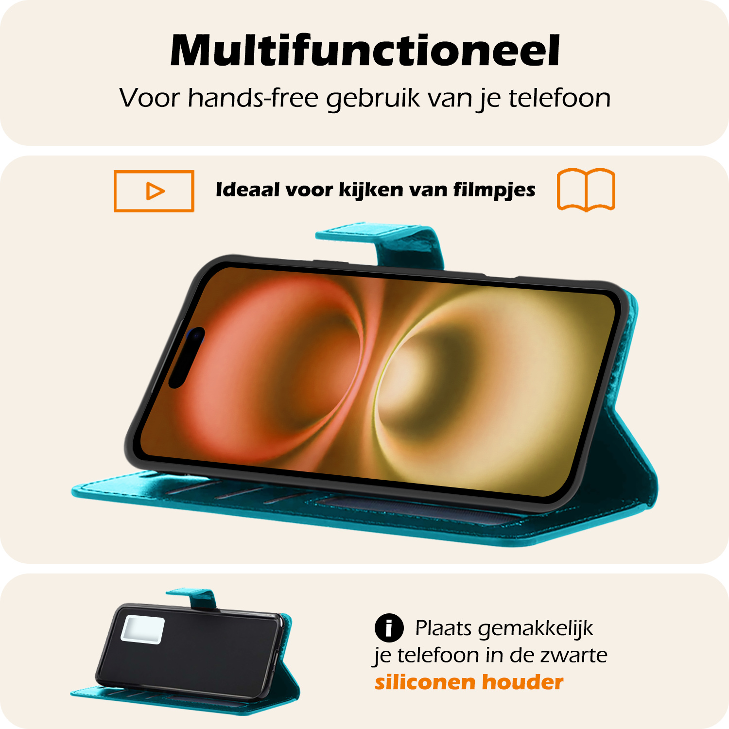 Nomfy Hoesje Geschikt voor iPhone 16 Plus Hoes Bookcase Flipcase Book Cover Met Screenprotector - Hoes Geschikt voor iPhone 16 Plus Hoesje Book Case - Turquoise