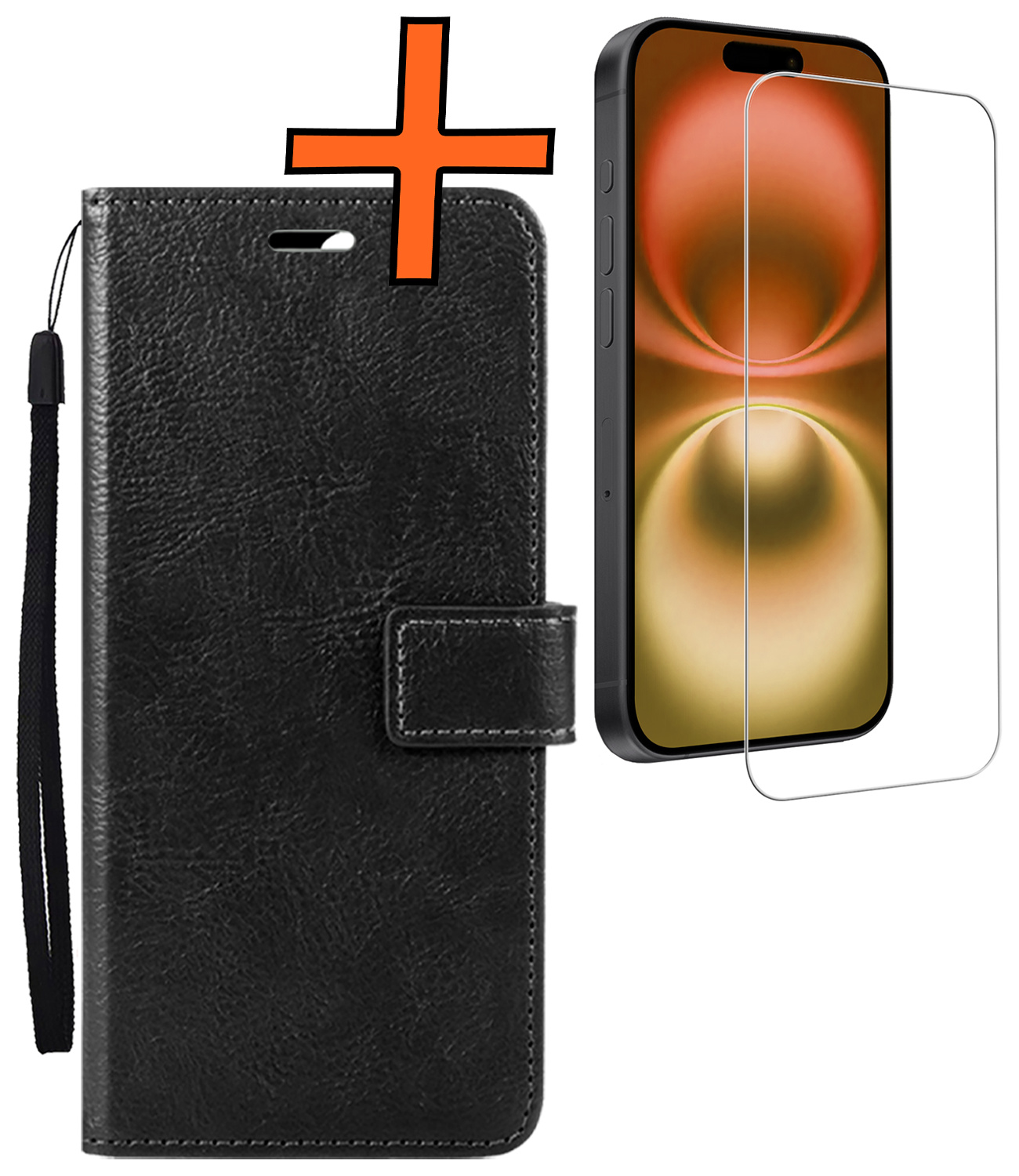 Nomfy Hoesje Geschikt voor iPhone 16 Plus Hoes Bookcase Flipcase Book Cover Met Screenprotector - Hoes Geschikt voor iPhone 16 Plus Hoesje Book Case - Zwart