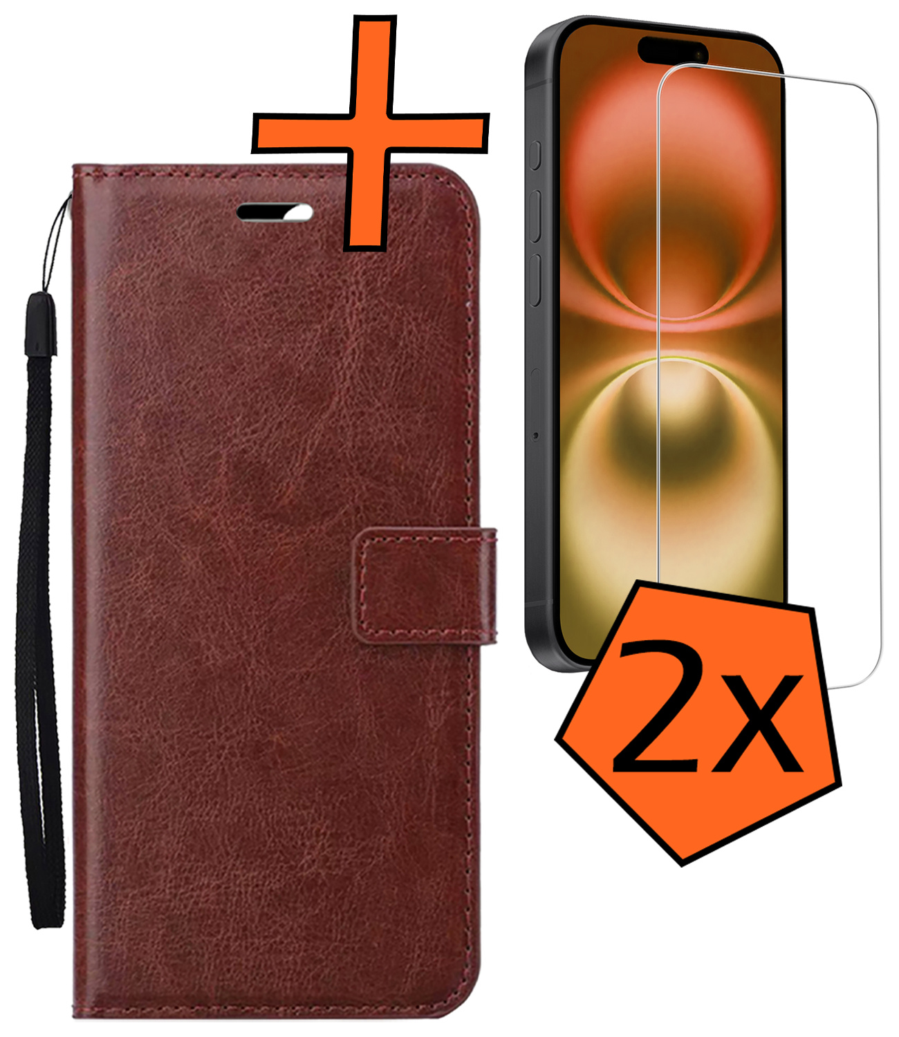 Nomfy Hoesje Geschikt voor iPhone 16 Plus Hoes Bookcase Flipcase Book Cover Met 2x Screenprotector - Hoes Geschikt voor iPhone 16 Plus Hoesje Book Case - Bruin