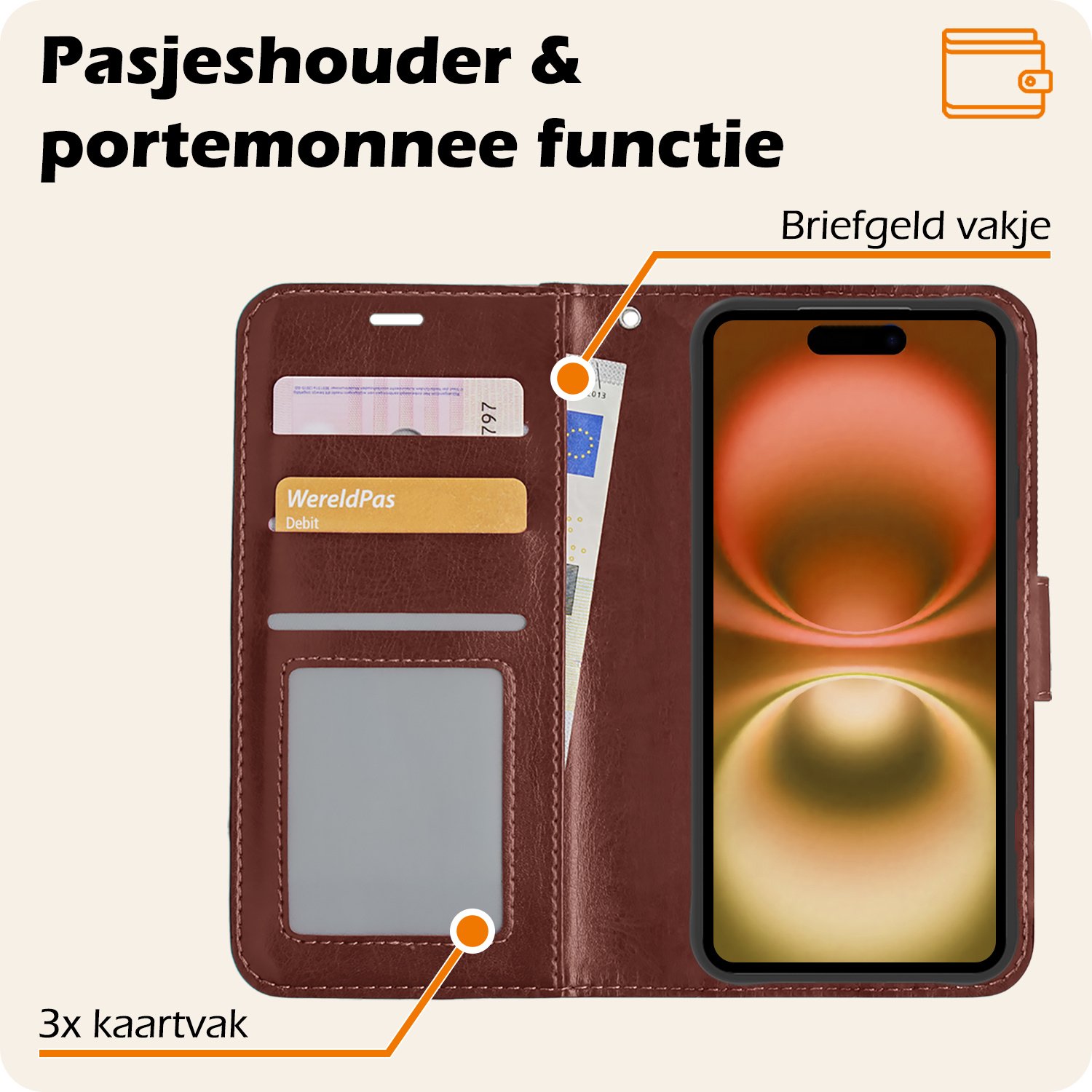 Nomfy Hoesje Geschikt voor iPhone 16 Plus Hoes Bookcase Flipcase Book Cover Met 2x Screenprotector - Hoes Geschikt voor iPhone 16 Plus Hoesje Book Case - Bruin