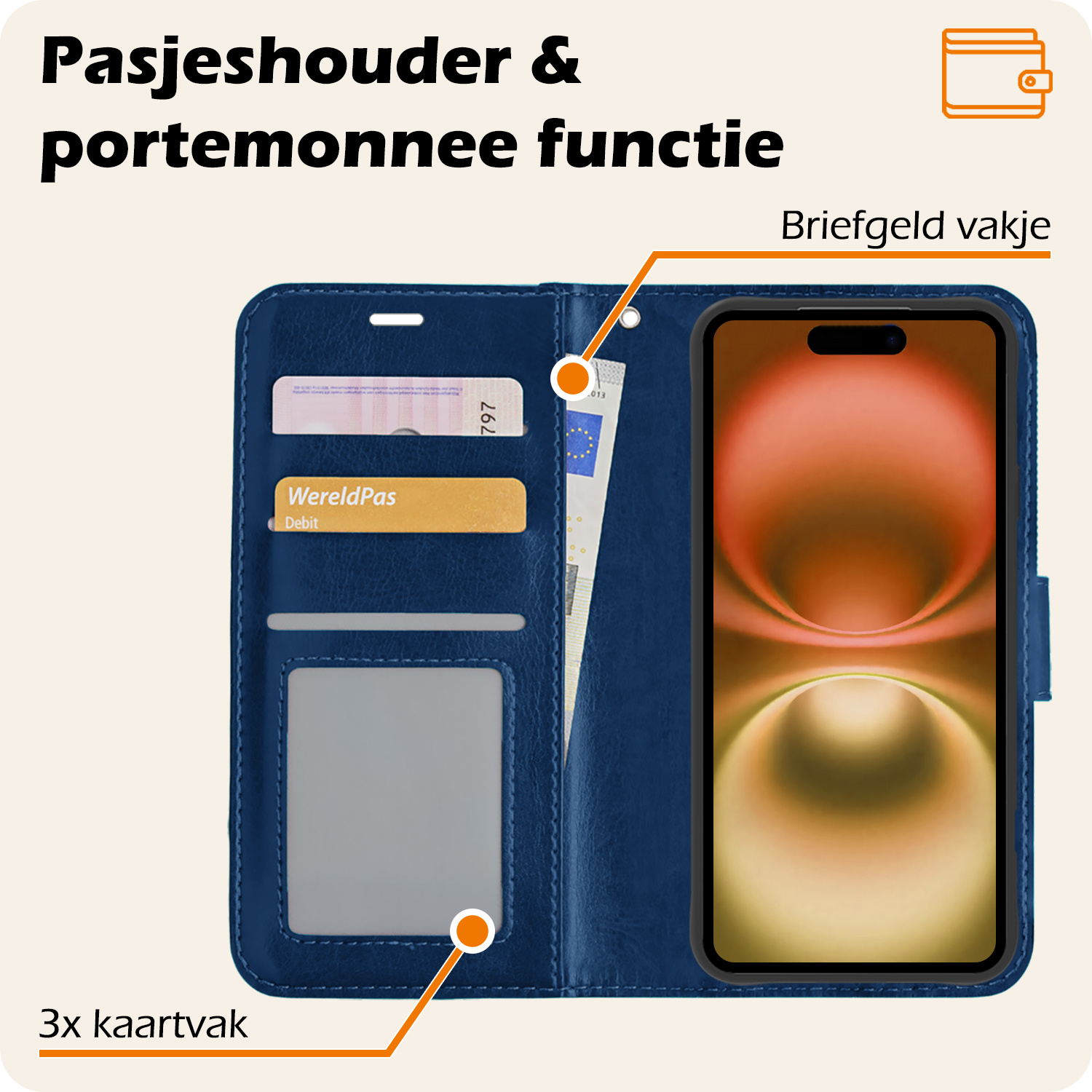 Nomfy Hoesje Geschikt voor iPhone 16 Plus Hoes Bookcase Flipcase Book Cover Met 2x Screenprotector - Hoes Geschikt voor iPhone 16 Plus Hoesje Book Case - Donkerblauw