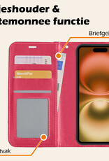 Nomfy Hoesje Geschikt voor iPhone 16 Plus Hoes Bookcase Flipcase Book Cover Met 2x Screenprotector - Hoes Geschikt voor iPhone 16 Plus Hoesje Book Case - Donkerroze
