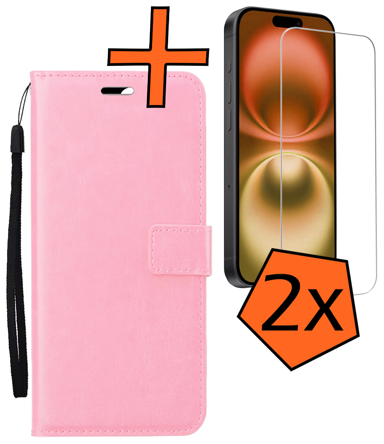 Nomfy Hoesje Geschikt voor iPhone 16 Plus Hoes Bookcase Flipcase Book Cover Met 2x Screenprotector - Hoes Geschikt voor iPhone 16 Plus Hoesje Book Case - Lichtroze