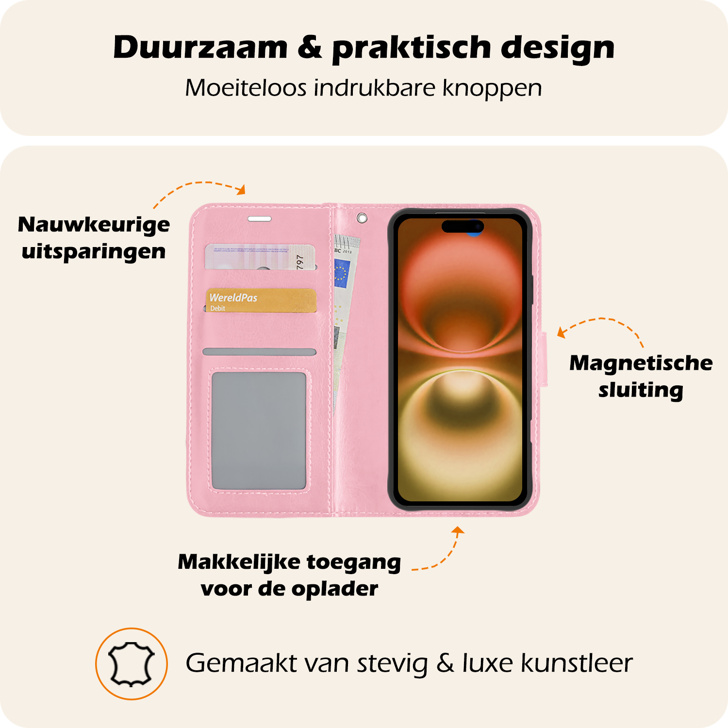 Nomfy Hoesje Geschikt voor iPhone 16 Plus Hoes Bookcase Flipcase Book Cover Met 2x Screenprotector - Hoes Geschikt voor iPhone 16 Plus Hoesje Book Case - Lichtroze
