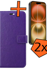 Nomfy Hoesje Geschikt voor iPhone 16 Plus Hoes Bookcase Flipcase Book Cover Met 2x Screenprotector - Hoes Geschikt voor iPhone 16 Plus Hoesje Book Case - Paars