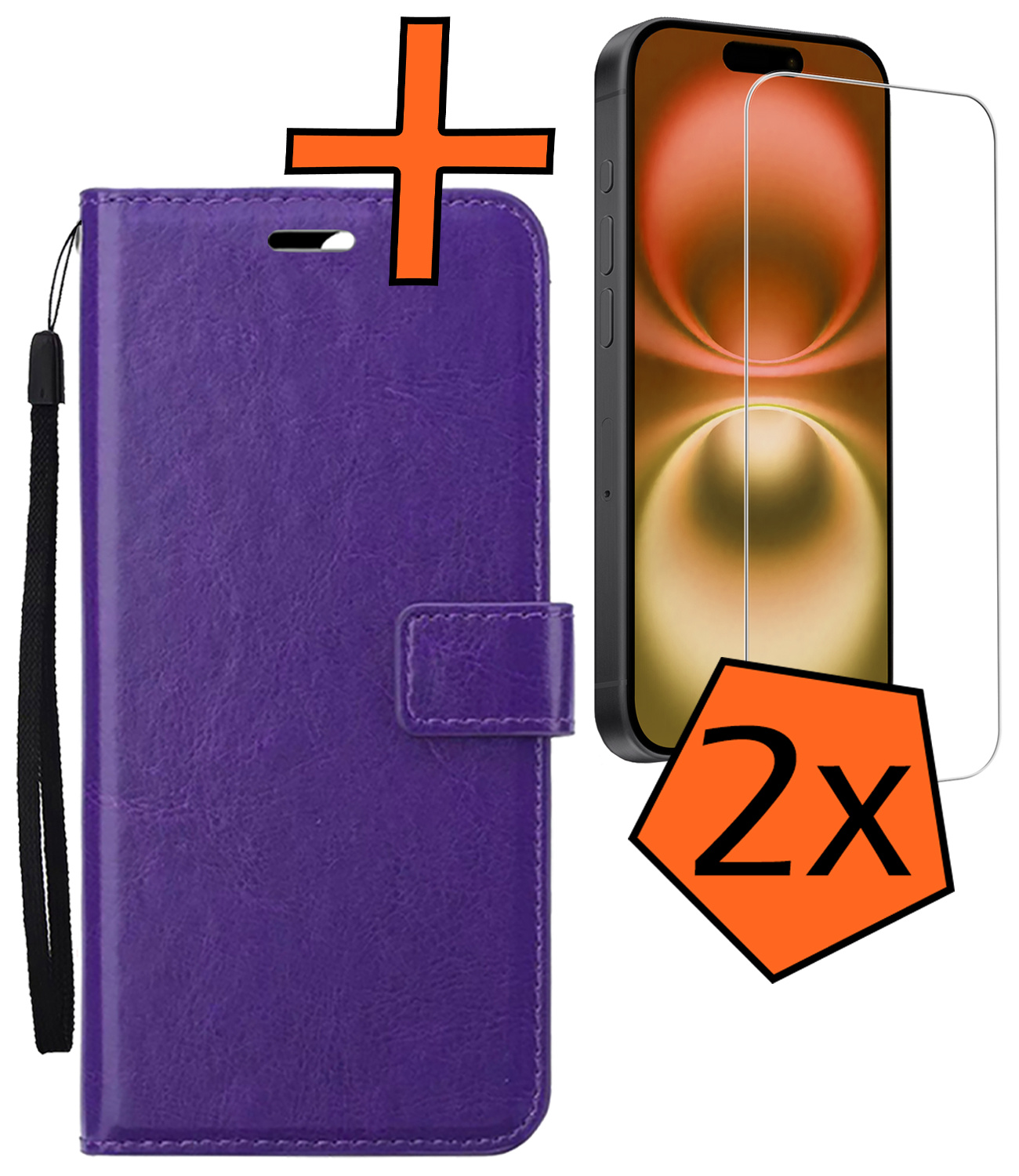 Nomfy Hoesje Geschikt voor iPhone 16 Plus Hoes Bookcase Flipcase Book Cover Met 2x Screenprotector - Hoes Geschikt voor iPhone 16 Plus Hoesje Book Case - Paars