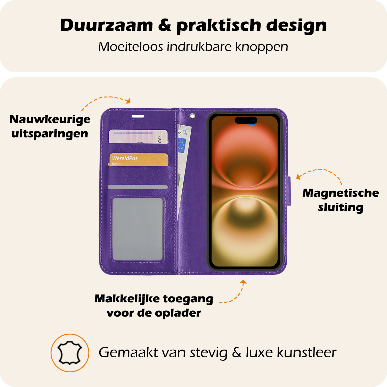 Nomfy Hoesje Geschikt voor iPhone 16 Plus Hoes Bookcase Flipcase Book Cover Met 2x Screenprotector - Hoes Geschikt voor iPhone 16 Plus Hoesje Book Case - Paars