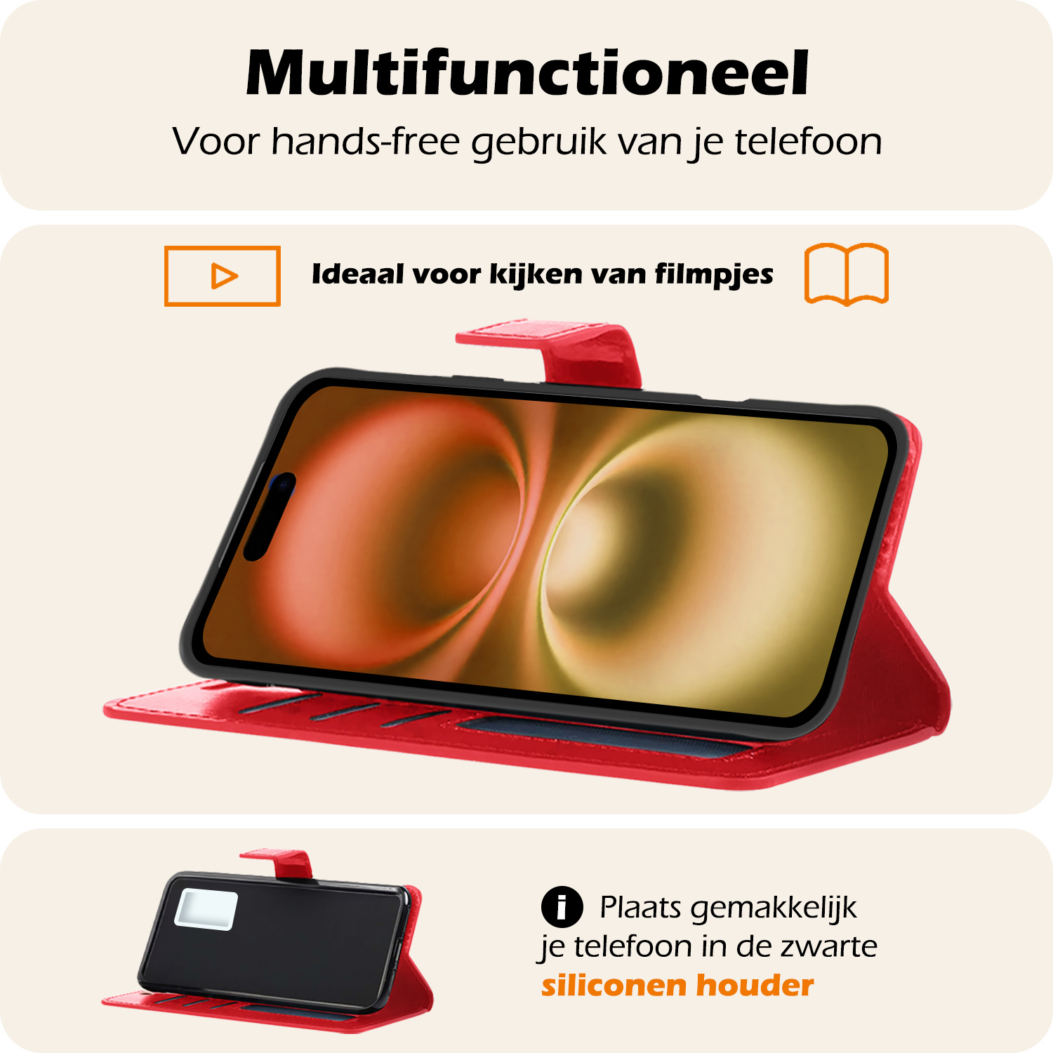 Nomfy Hoesje Geschikt voor iPhone 16 Plus Hoes Bookcase Flipcase Book Cover Met 2x Screenprotector - Hoes Geschikt voor iPhone 16 Plus Hoesje Book Case - Rood