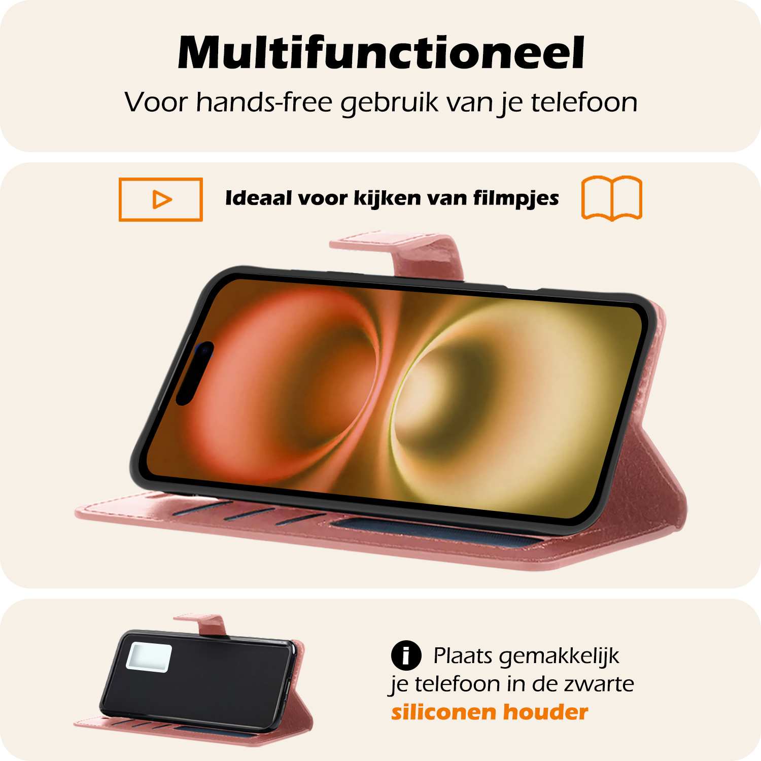 Nomfy Hoesje Geschikt voor iPhone 16 Plus Hoes Bookcase Flipcase Book Cover Met 2x Screenprotector - Hoes Geschikt voor iPhone 16 Plus Hoesje Book Case - Rosé goud