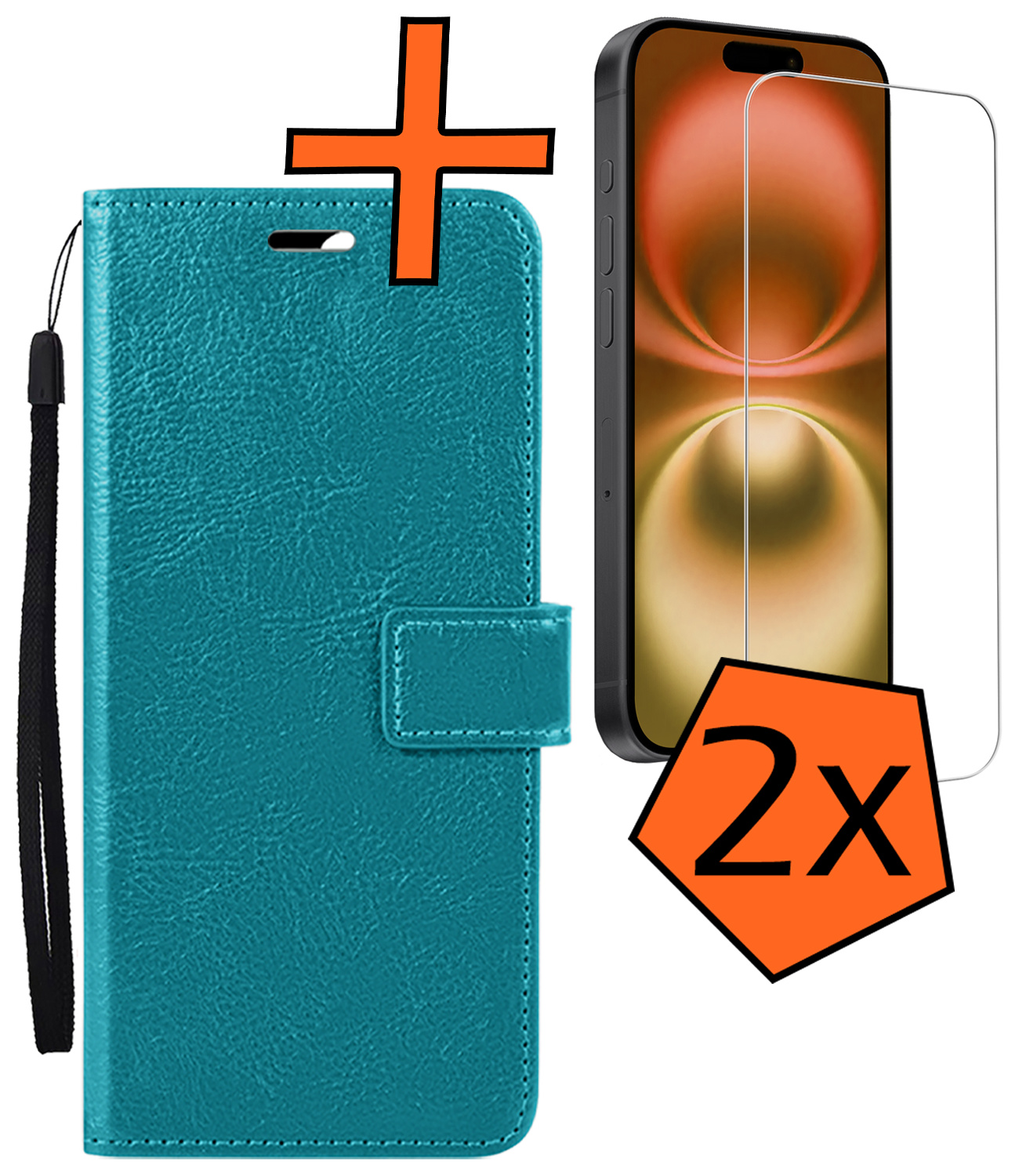 Nomfy Hoesje Geschikt voor iPhone 16 Plus Hoes Bookcase Flipcase Book Cover Met 2x Screenprotector - Hoes Geschikt voor iPhone 16 Plus Hoesje Book Case - Turquoise
