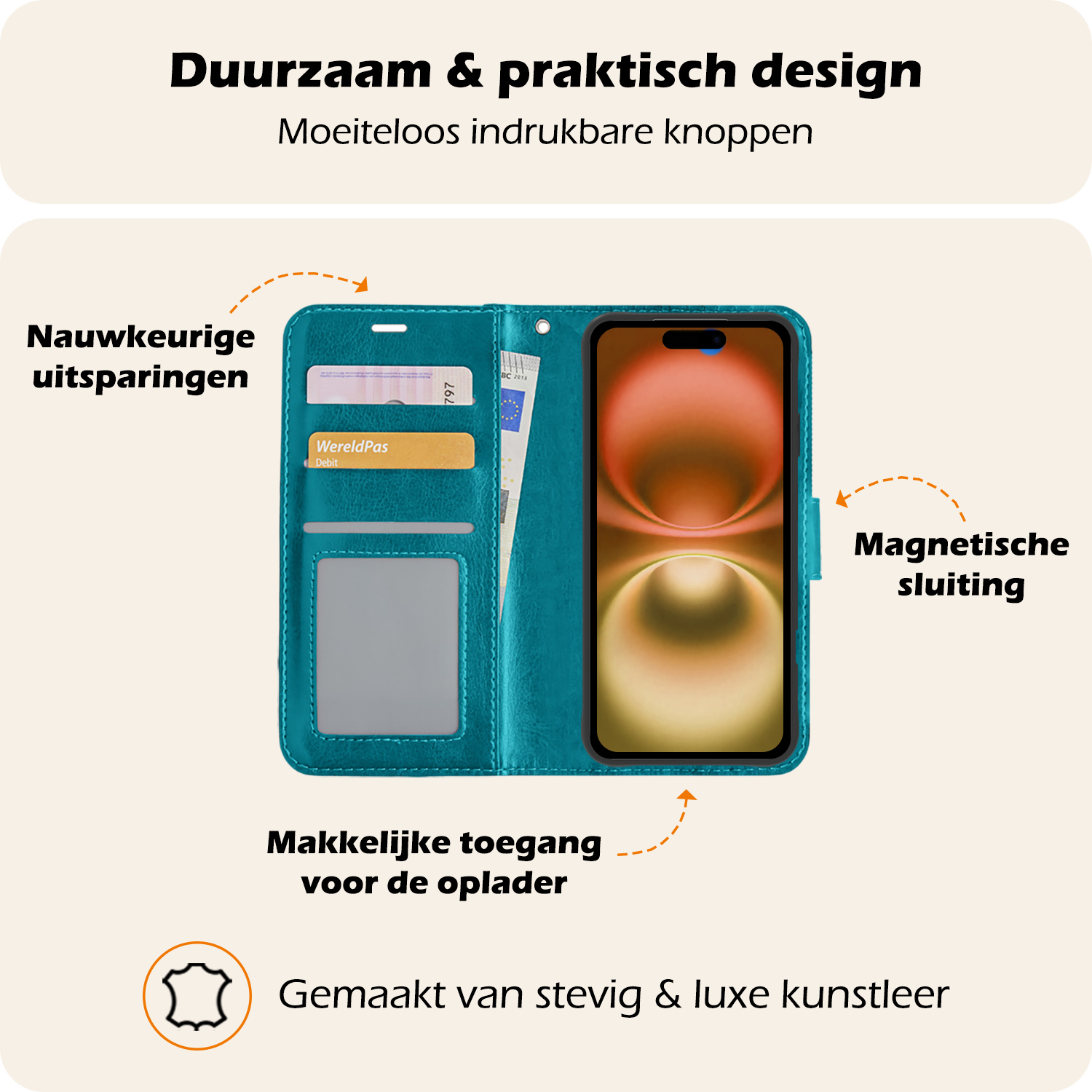 Nomfy Hoesje Geschikt voor iPhone 16 Plus Hoes Bookcase Flipcase Book Cover Met 2x Screenprotector - Hoes Geschikt voor iPhone 16 Plus Hoesje Book Case - Turquoise