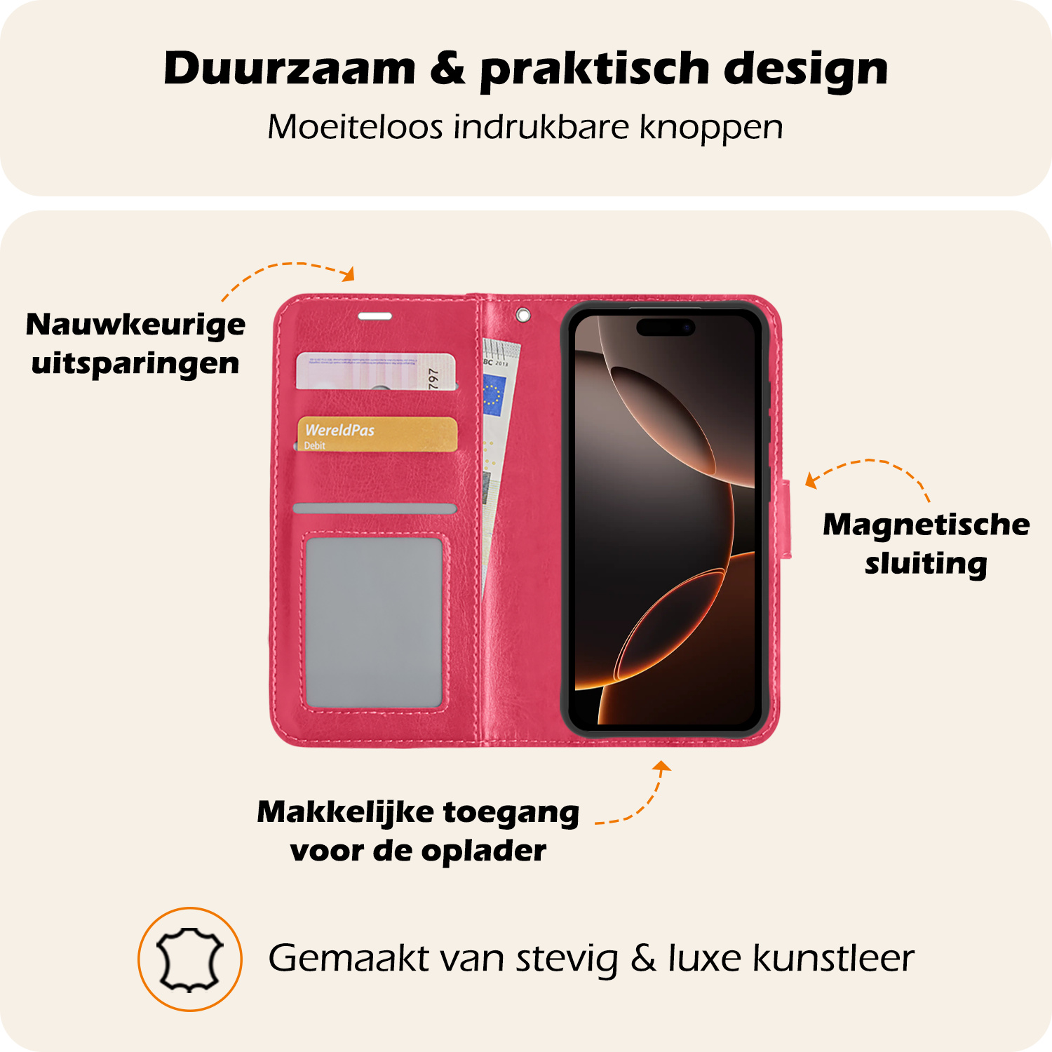 Nomfy Hoesje Geschikt voor iPhone 16 Pro Hoes Bookcase Flipcase Book Cover - Hoes Geschikt voor iPhone 16 Pro Hoesje Book Case - Donkerroze