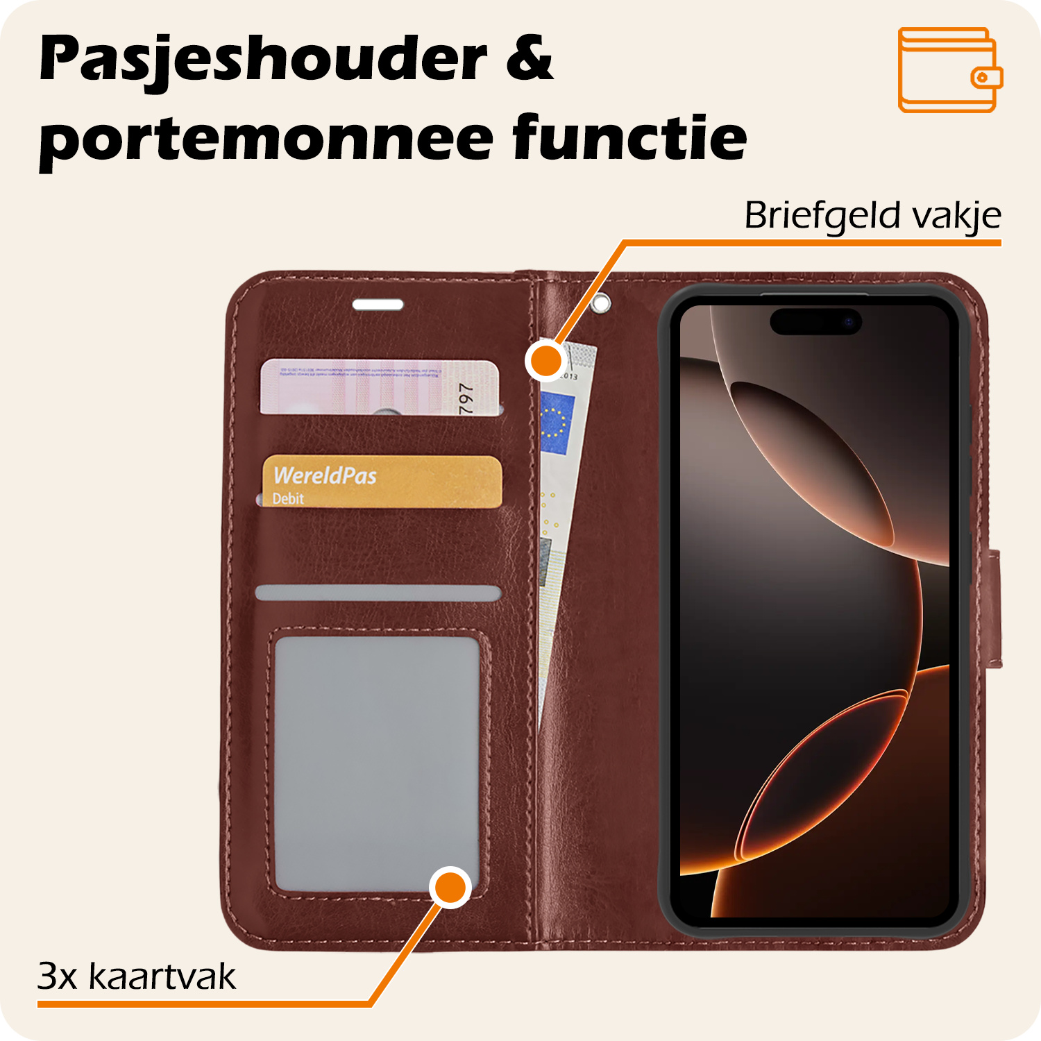 Nomfy Hoesje Geschikt voor iPhone 16 Pro Hoes Bookcase Flipcase Book Cover Met Screenprotector - Hoes Geschikt voor iPhone 16 Pro Hoesje Book Case - Bruin