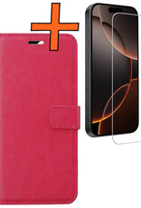 Nomfy Hoesje Geschikt voor iPhone 16 Pro Hoes Bookcase Flipcase Book Cover Met Screenprotector - Hoes Geschikt voor iPhone 16 Pro Hoesje Book Case - Donkerroze