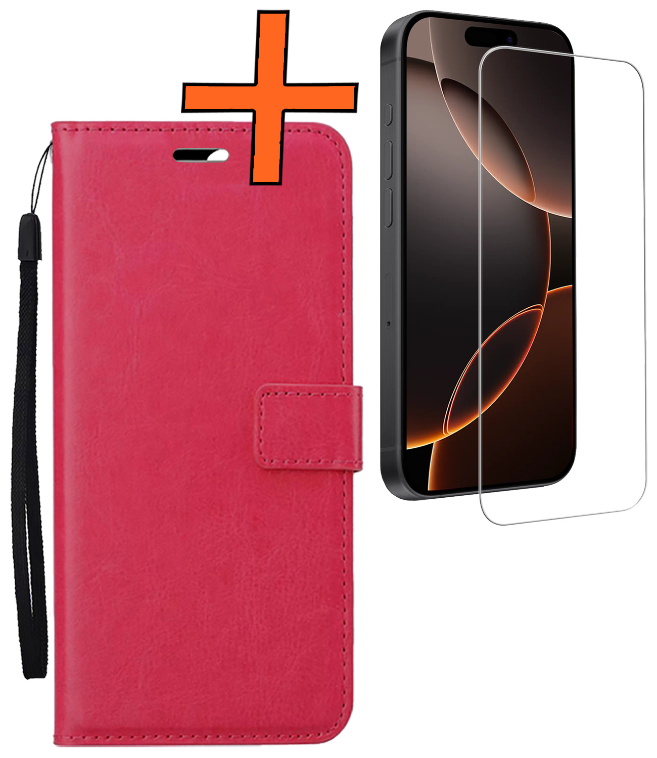 Nomfy Hoesje Geschikt voor iPhone 16 Pro Hoes Bookcase Flipcase Book Cover Met Screenprotector - Hoes Geschikt voor iPhone 16 Pro Hoesje Book Case - Donkerroze