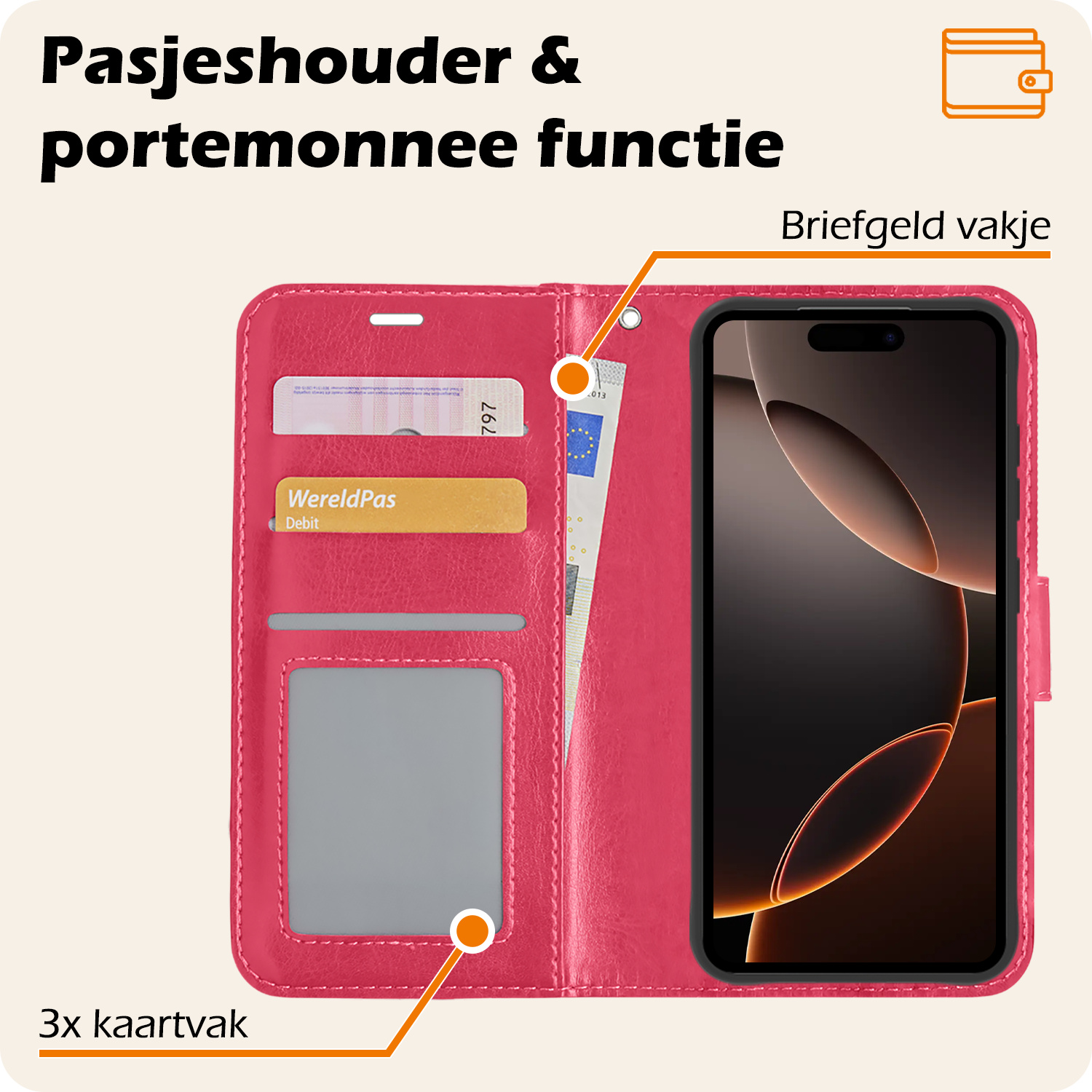 Nomfy Hoesje Geschikt voor iPhone 16 Pro Hoes Bookcase Flipcase Book Cover Met Screenprotector - Hoes Geschikt voor iPhone 16 Pro Hoesje Book Case - Donkerroze