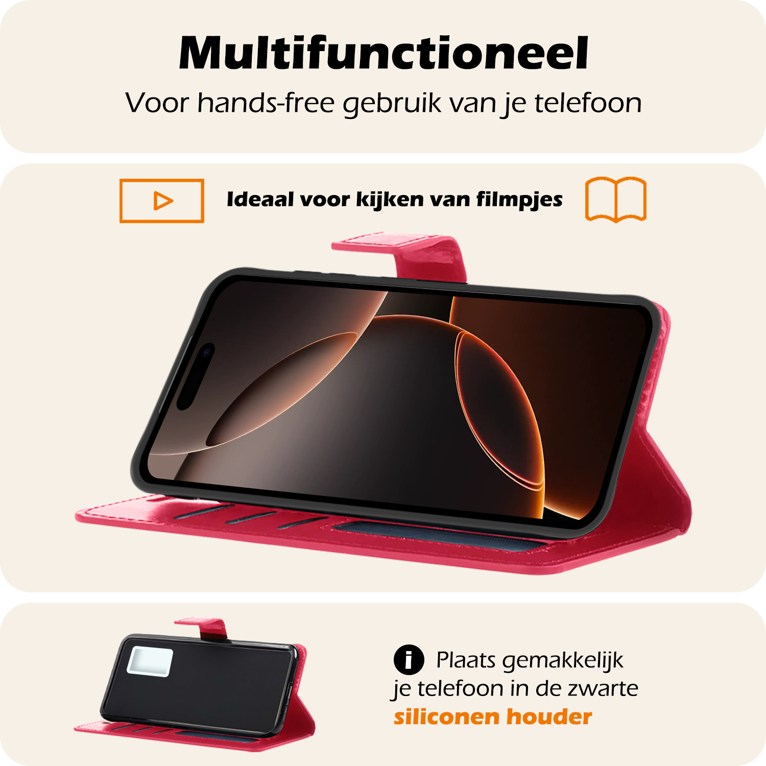 Nomfy Hoesje Geschikt voor iPhone 16 Pro Hoes Bookcase Flipcase Book Cover Met Screenprotector - Hoes Geschikt voor iPhone 16 Pro Hoesje Book Case - Donkerroze