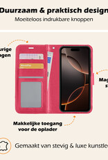 Nomfy Hoesje Geschikt voor iPhone 16 Pro Hoes Bookcase Flipcase Book Cover Met Screenprotector - Hoes Geschikt voor iPhone 16 Pro Hoesje Book Case - Donkerroze