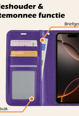 Nomfy Hoesje Geschikt voor iPhone 16 Pro Hoes Bookcase Flipcase Book Cover Met Screenprotector - Hoes Geschikt voor iPhone 16 Pro Hoesje Book Case - Paars